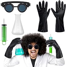 4 Pcs Mad Scientist Costume for Adult Halloween Party Costume Mad Scientist Gloves, Goggle, Flask, Syringe Prop