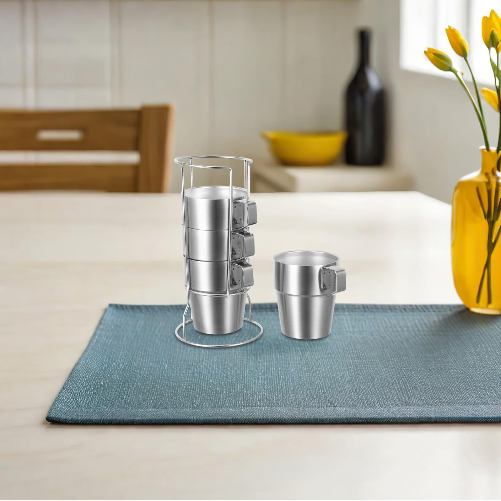 Healeved Tazas de Acero Inoxidable para Set de 4 Unidades de 300 Ml con Doble Pared Aislante y Asas Cómodas Incluye Soporte Apilable para Bebidas Frías y Calientes Adecuado para