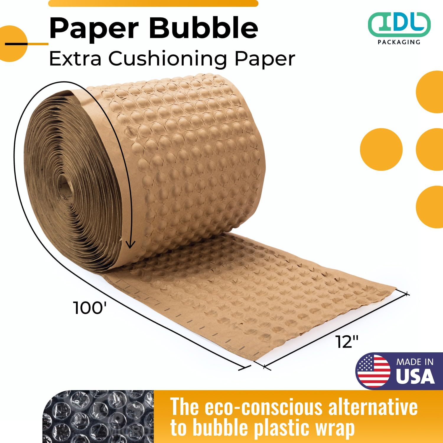 IDL Packaging Papel de 12 x 100 pies, alternativa ecológica a las burbujas de plástico, tamaño de burbuja de 3/4 pulgadas, material de embalaje para mudanza, envío y almacenamiento
