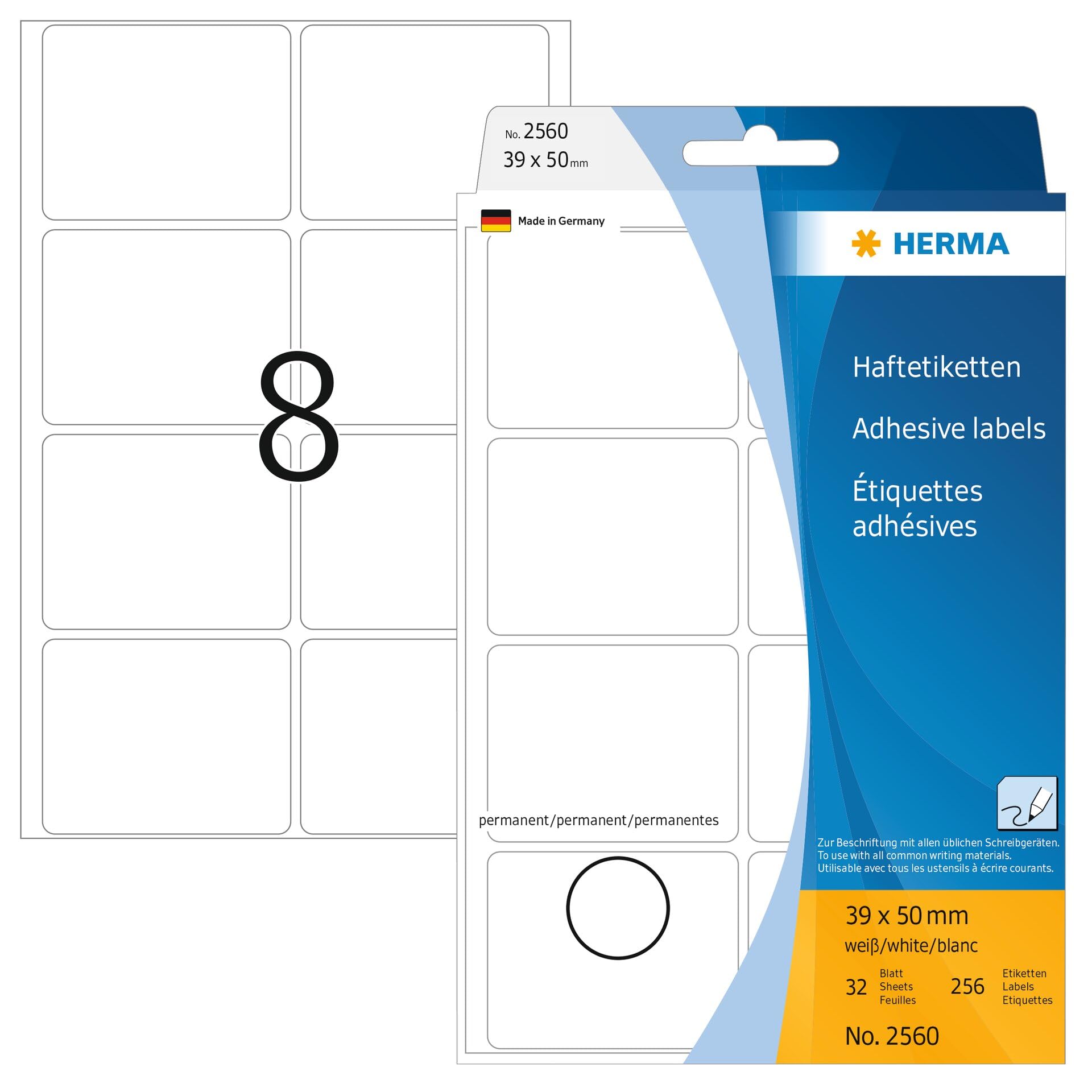 HERMA Multi Purpose Labels, 8 Labels per Sheet, 32 Sheets, 39 x 50 mm, 256 Labels, Self Adhesive Labels Stickers, Blank Sticky Labels for Office Kitchen Home, White