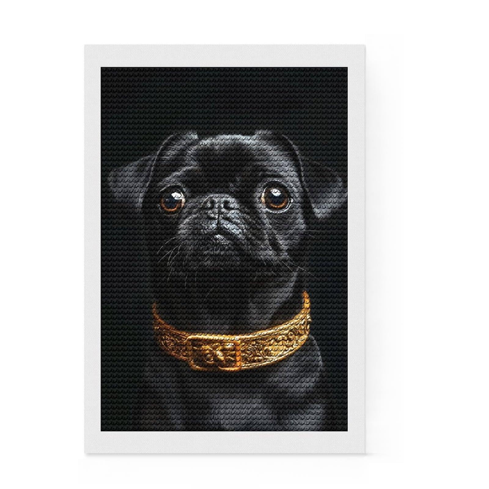 Junmoney Black & Gold Pug Full Drill Diamond Painting Kit 8"x12", Vintage Style Decor, Aesthetic Room Decor, Full Kit Included