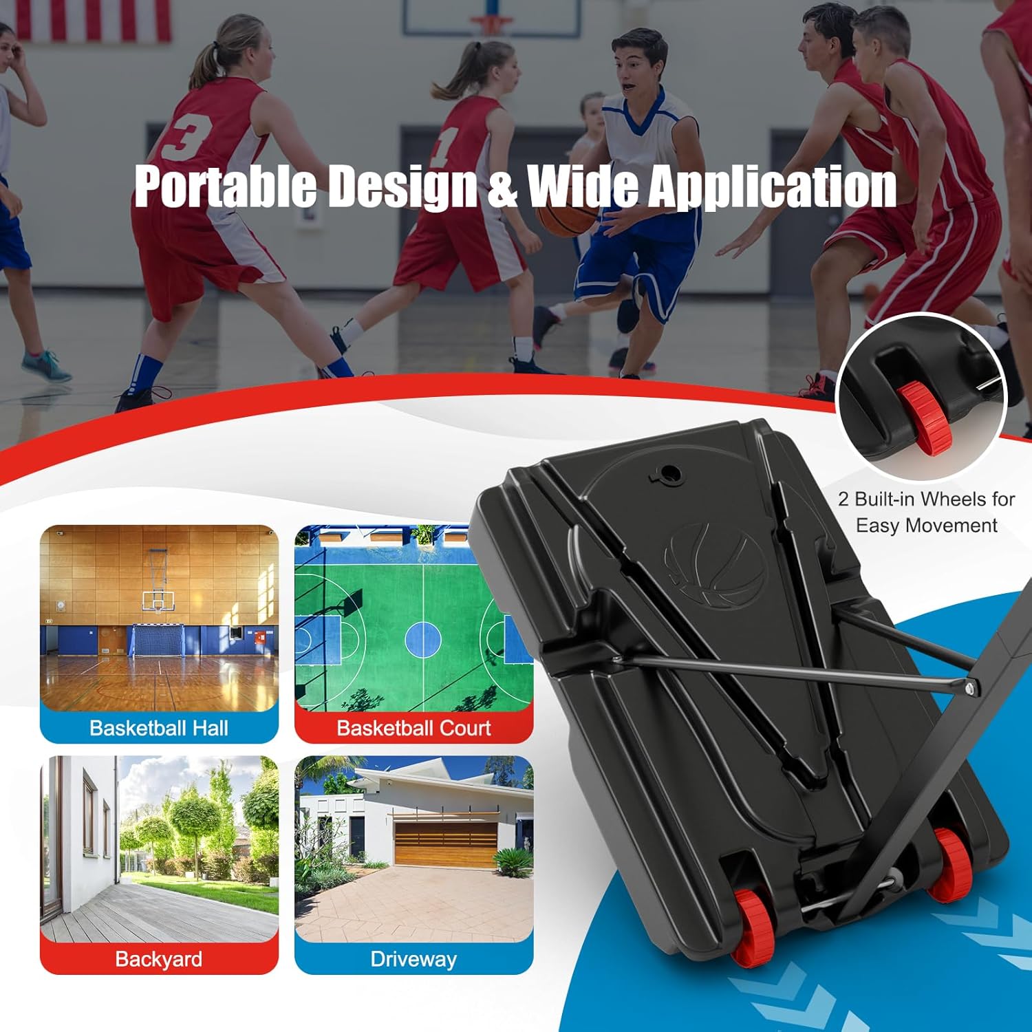 GYMAX Portable Basketball Hoop, 5 FT to 10 FT Adjustable Basketball Goal with 10 Heights, All Weather Basketball Stand System with Weight Bag & Wheels, for Youth Adult, Indoor Outdoor Pool, Court