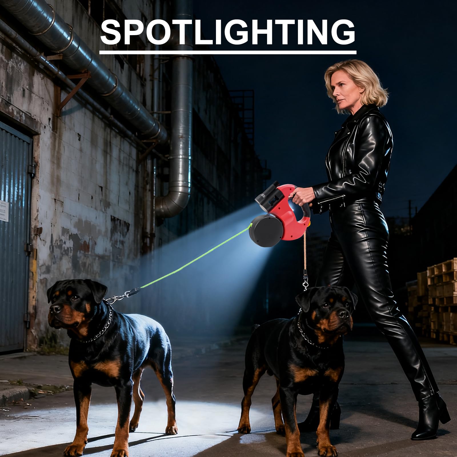 Guinzaglio retrattile da 3 m per 2 cani, doppio guinzaglio con luce LED, girevole a 360°, nylon riflettente, regolabile, per cani di piccola e grande taglia, rosso