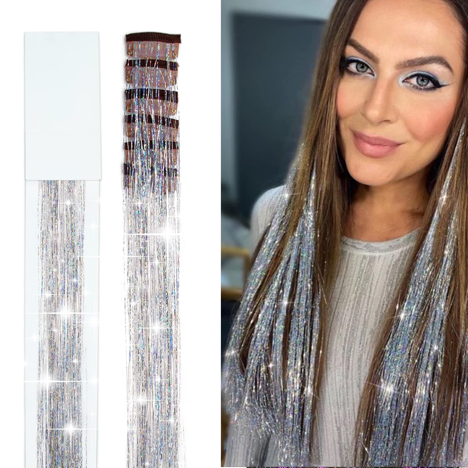 Clip in Hair Tinsel Kit 6pcs 20Inch Glitter Tinsel Hair