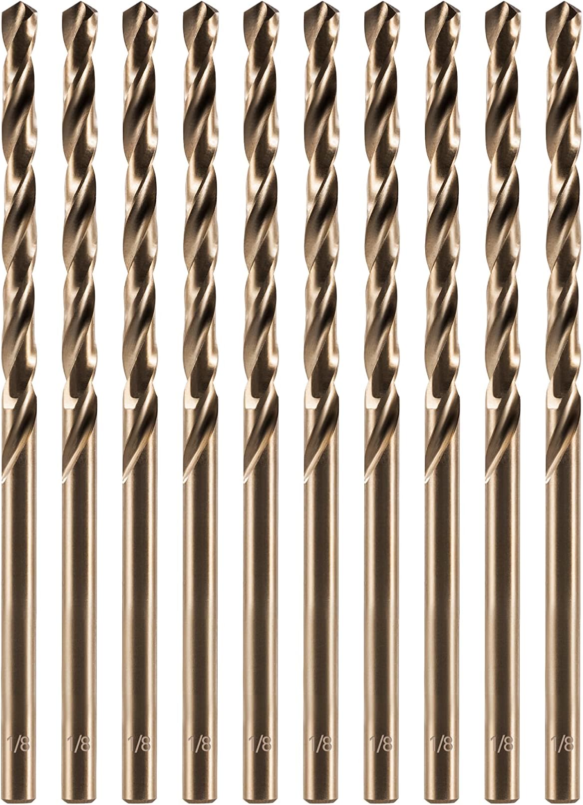 amoolo 1/8" inch Cobalt Drill Bits(10Pcs), M35 HSS Metal Jobber Length Twist Drill Bit Set for Hard Metal, Stainless Steel