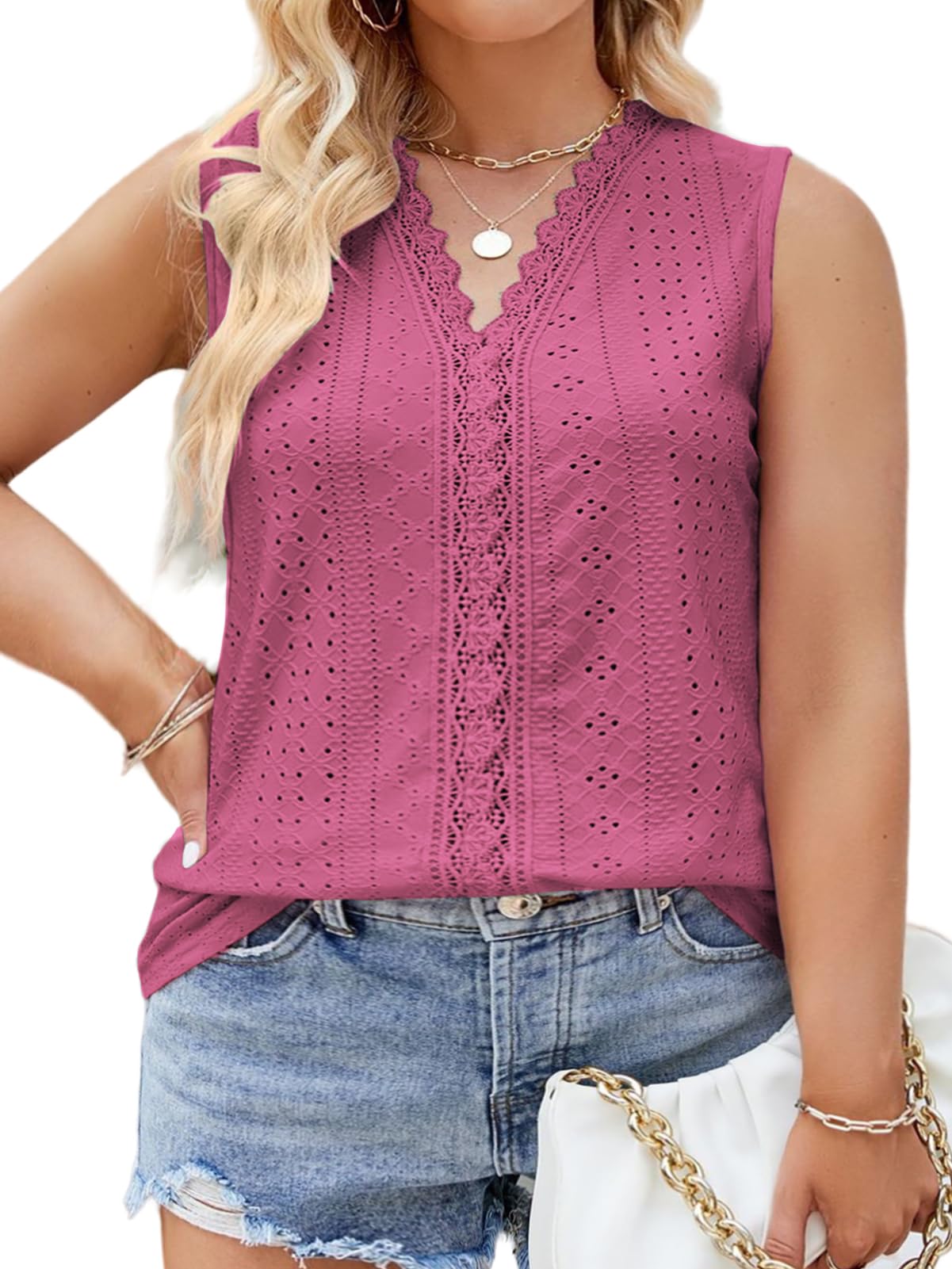 VISLILY Womens-Plus-Size-Summer-Tank-Tops 2025 Cute Lace V Neck T Shirts Casual Sleeveless Blouses Trendy Eyelet Tunics Tee