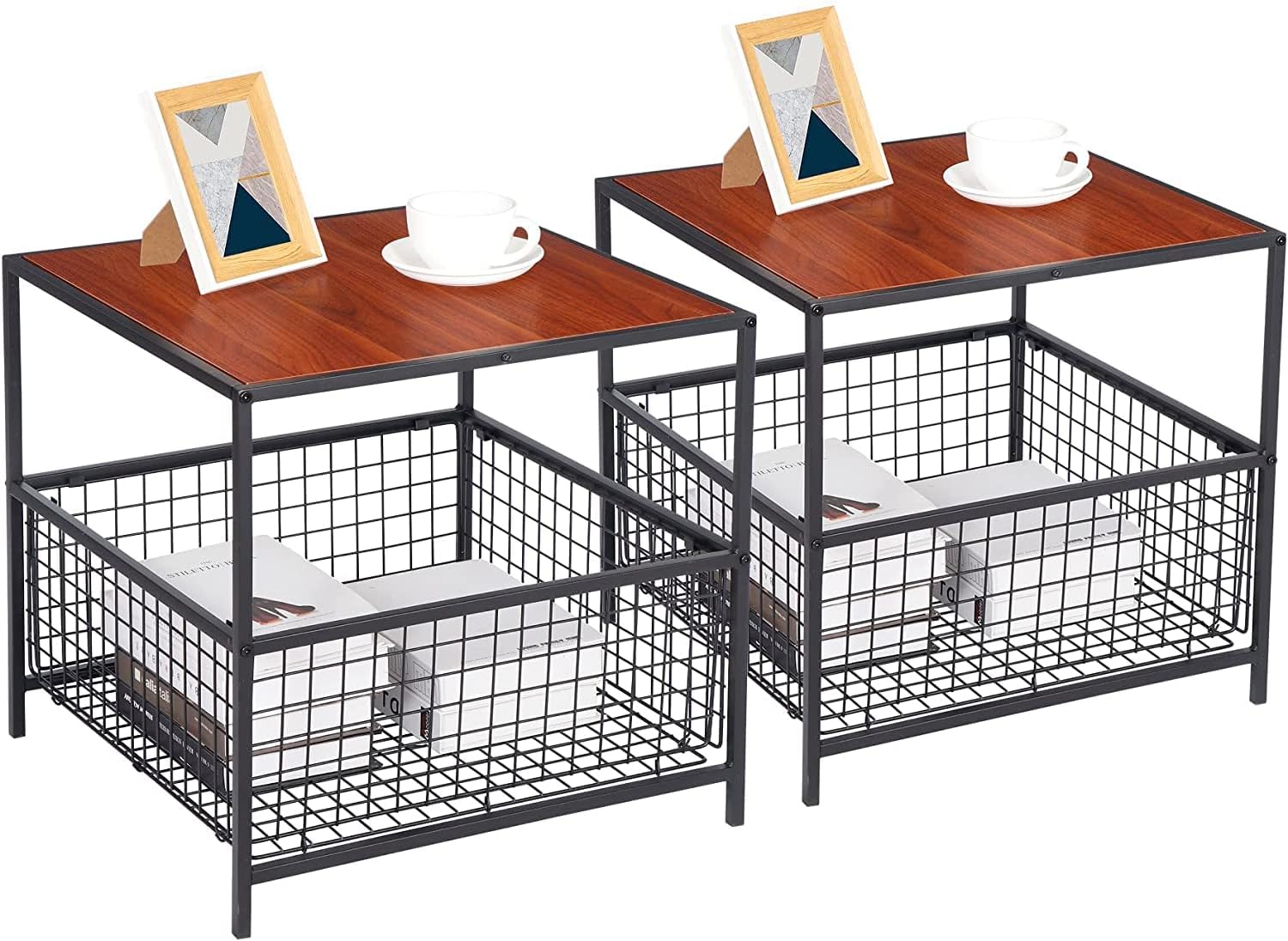 Nouva Side Tables Set of 2, End Table w/Wire Storage Basket, Small Fridge Stands Coffee Tables Nightstands for Living Room Bedroom