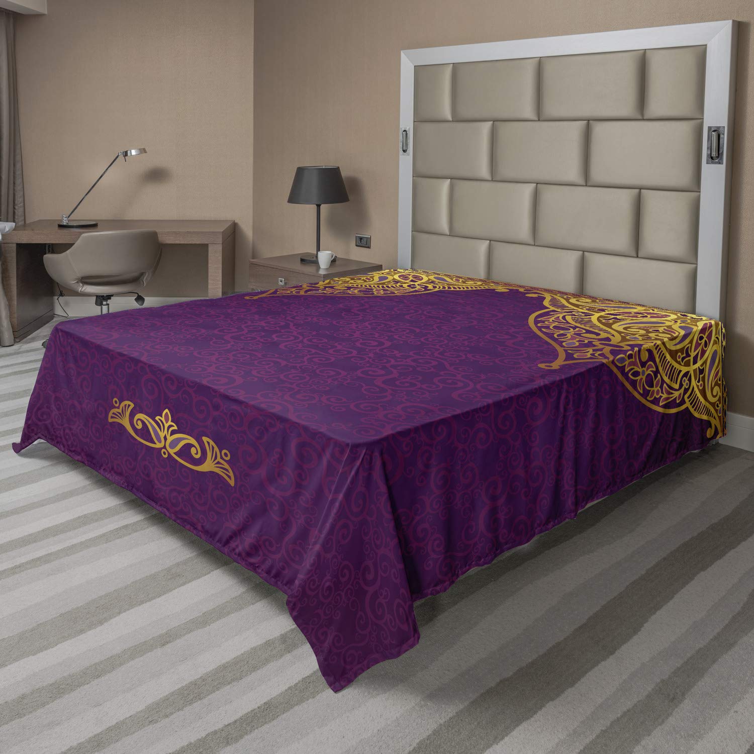 Ambesonne Purple Flat Sheet, East Oriental Royal Palace Patterns with Bohemian Style Art Traditional Wedding, Soft Comfortable Top Sheet Decorative Bedding 1 Piece, California King, Purple Yellow