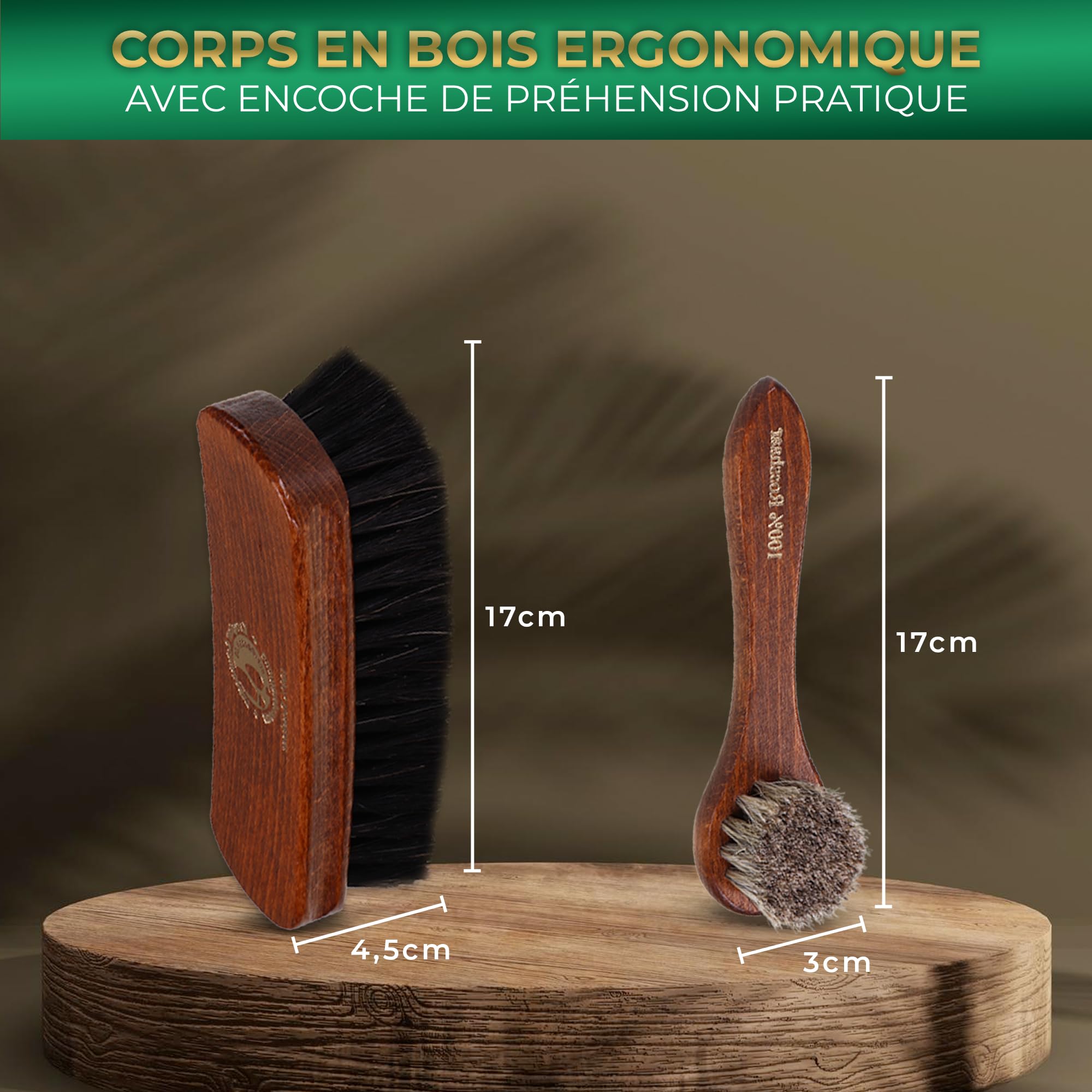 Langlauf Schuhbedarf - Brosse à chaussures en crin de cheval - Kit de 4 brosses - Bois de hêtre laqué - Marron - Pour chaussures, meubles en cuir, sacs et vêtements - Fabriqué en Allemagne