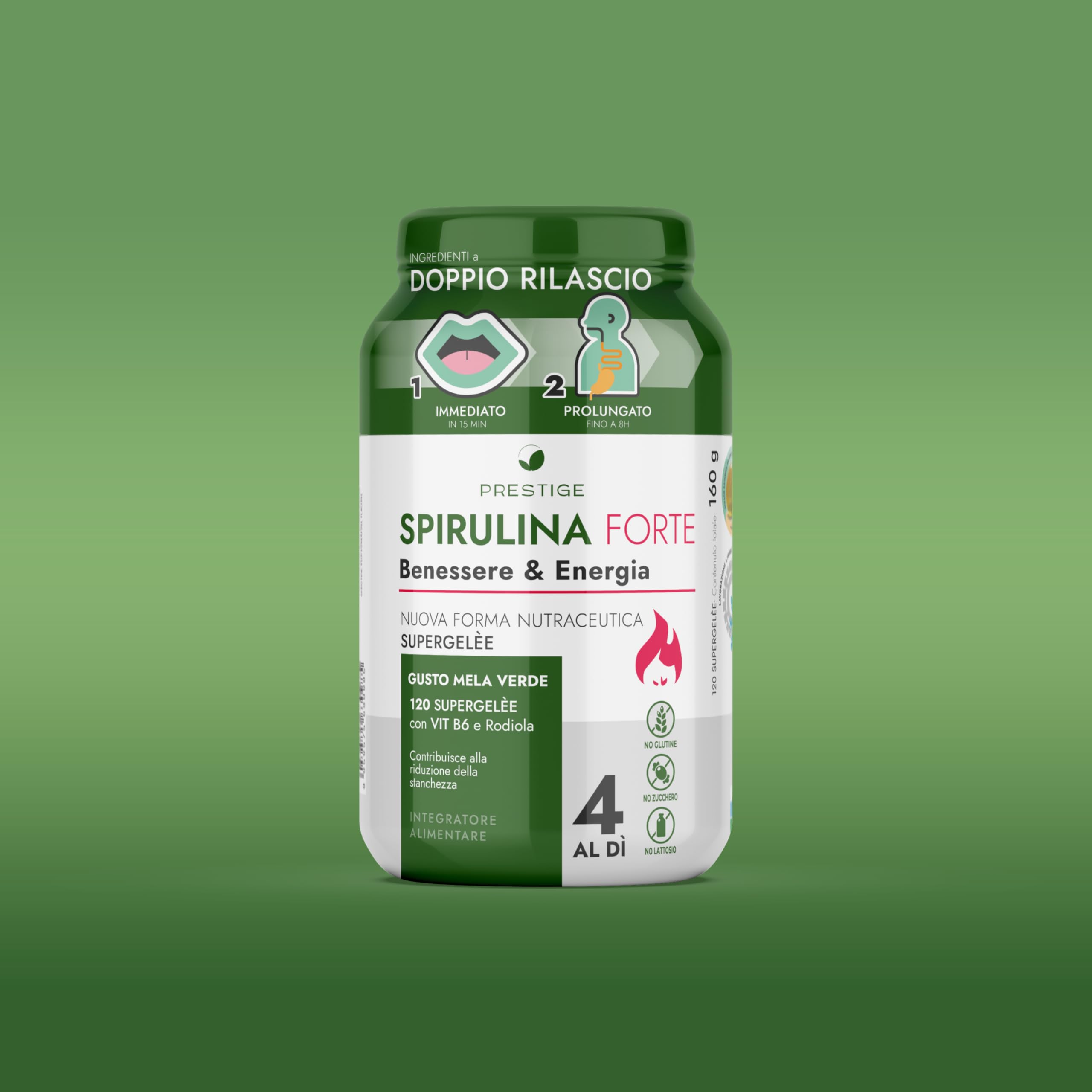 Integratore con SPIRULINA FORTE, 120 Gommose Supergelée Mela Verde - Spirulina: Dona Energia, Focus Mentale e Riduce Stanchezza - Supporto Metabolico