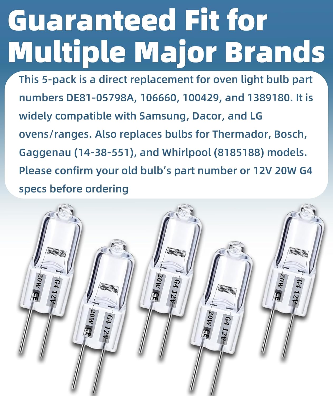 5-Pack DE81-05798A Oven Light Bulb, 20W 12V G4 Halogen Bulb Replacement for Samsung, Dacor, LG Oven - Also Fits 106660, 100429, 1389180
