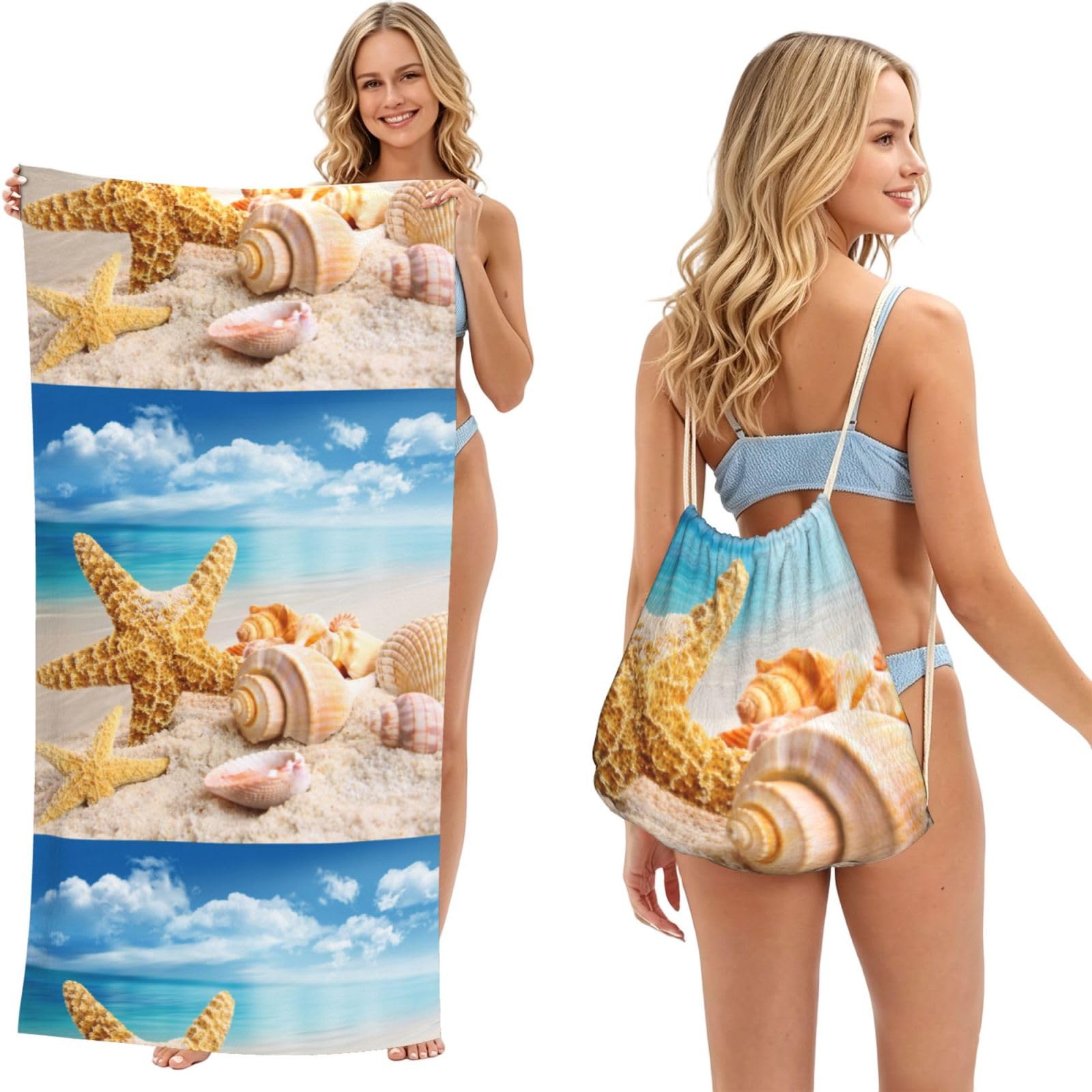 Poadnly As Picture Starfish And Seashells On Beach, 2 In 1 Packable Towel Bag, Beach Towels With Drawstring Backpack For Travel Holiday Camping