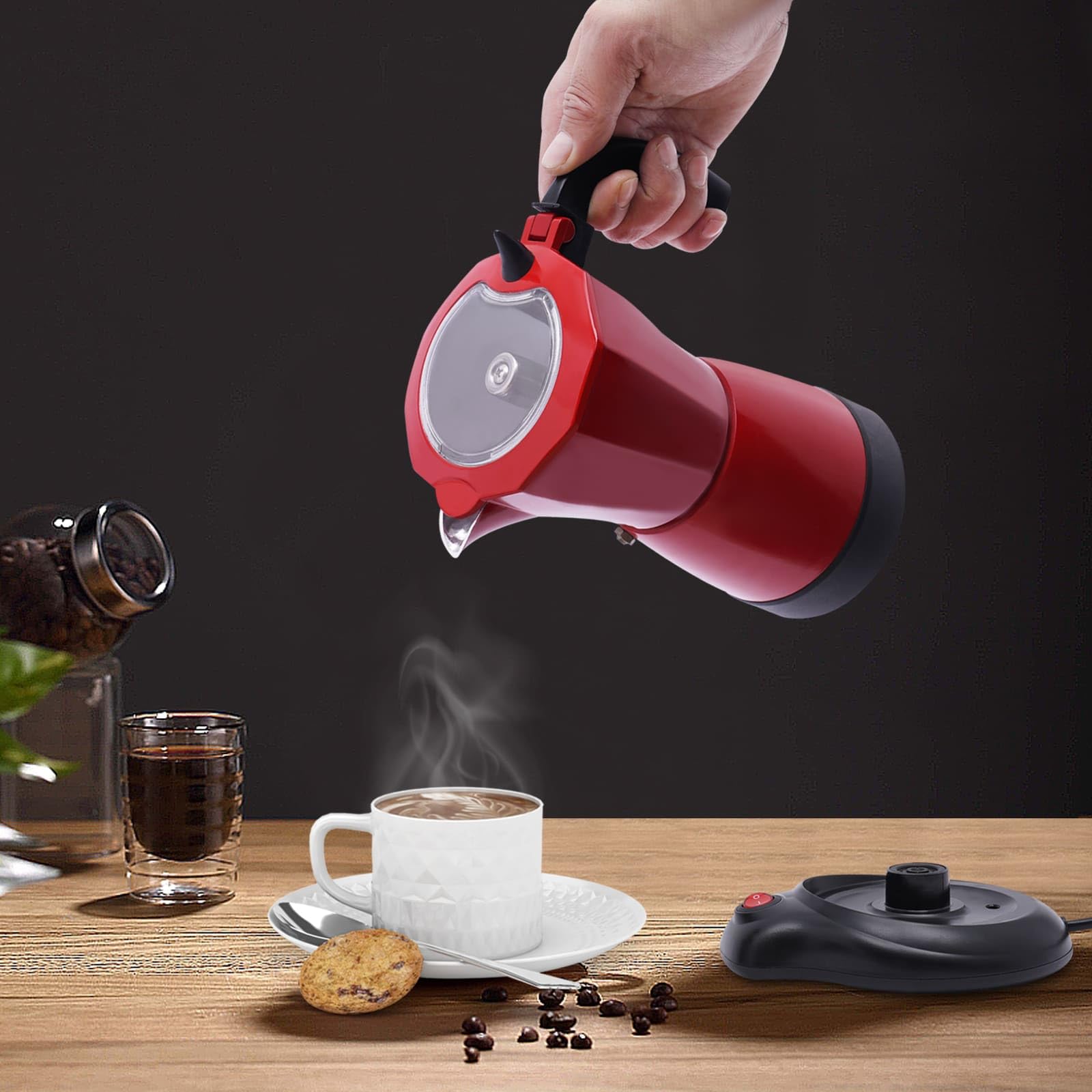 Elektrische Kaffeemaschine 480 W Aluminiumlegierung 360° drehbar 300 ml 10,2 x 19,5 cm rot