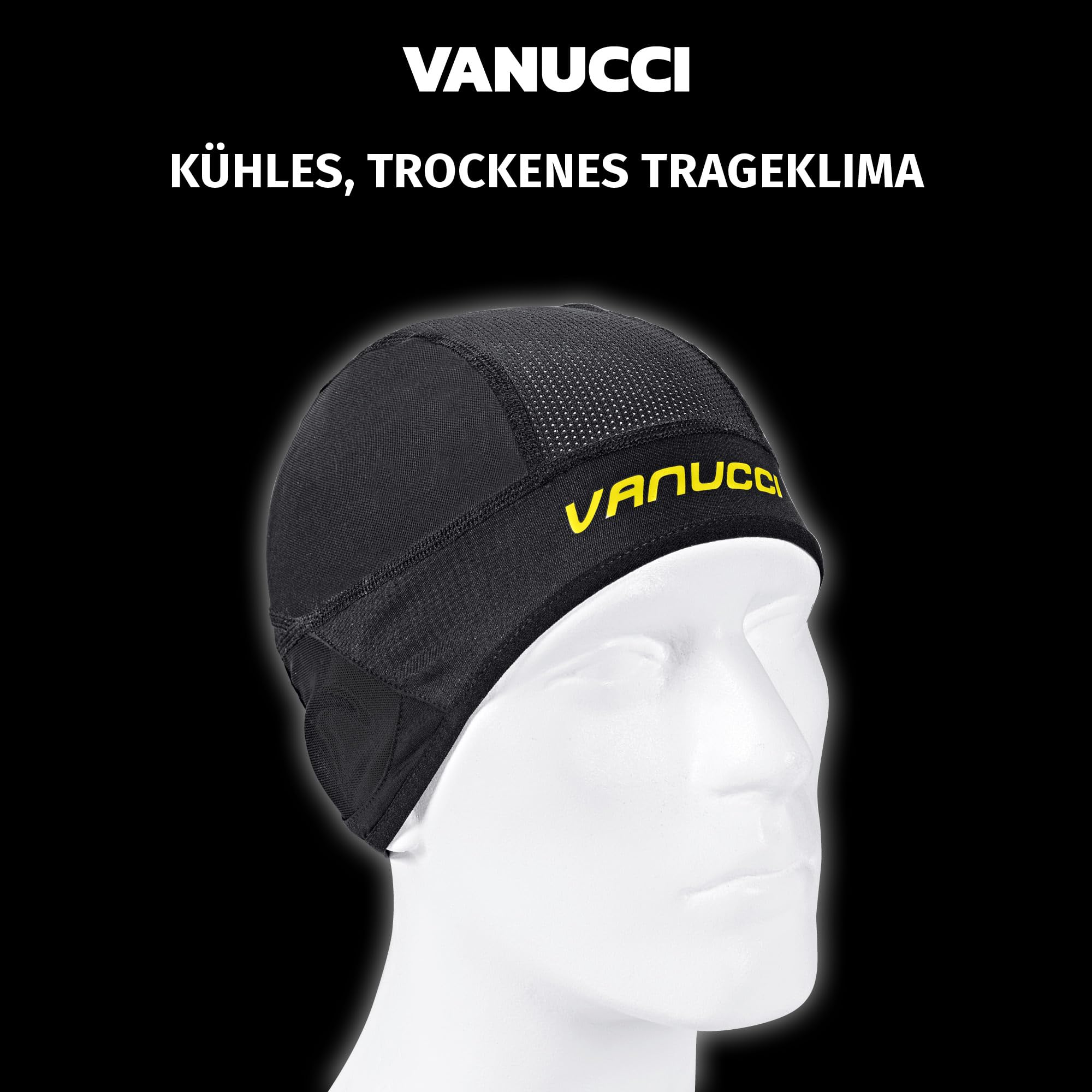 Vanucci Unterziehmütze Sommer für Helm – Atmungsaktive Helm-Unterziehmütze als Cap/Skullcap/Headcap für Motorradhelm & Fahrradhelm, Mütze unter Helm, Unisex, Schwarz