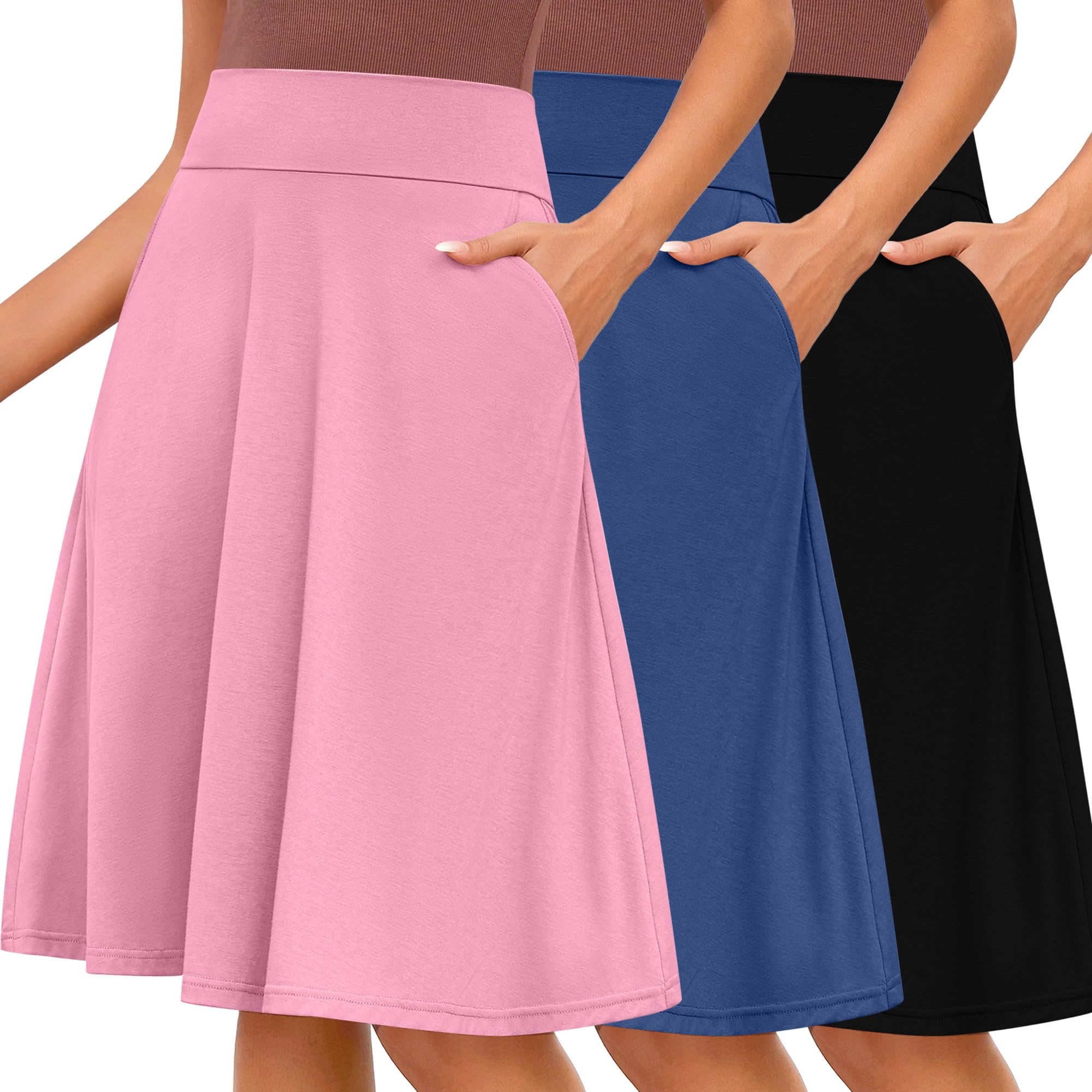 Riyiper 3 Pack Womens Midi Knee Length Skirts Casual High Waist Flowy Flared a Line Summer Basic Pull-on