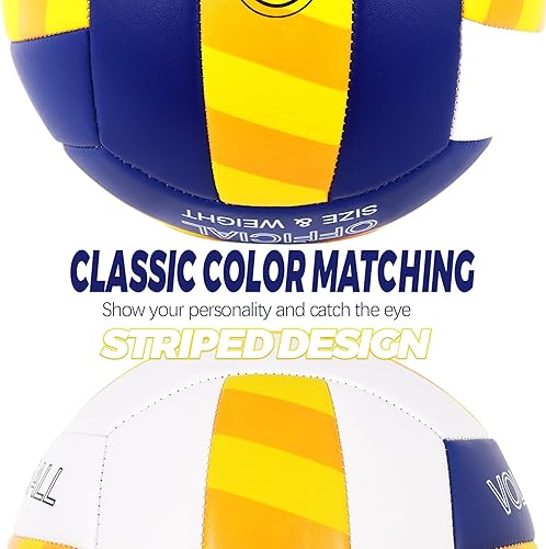 Miniatura 8 de KUYOTQ Balón de voleibol de playa a rayas, superficie gruesa de 0.118 pulgadas, pelota de voleibol de cuero suave para hombres jóvenes, juego de