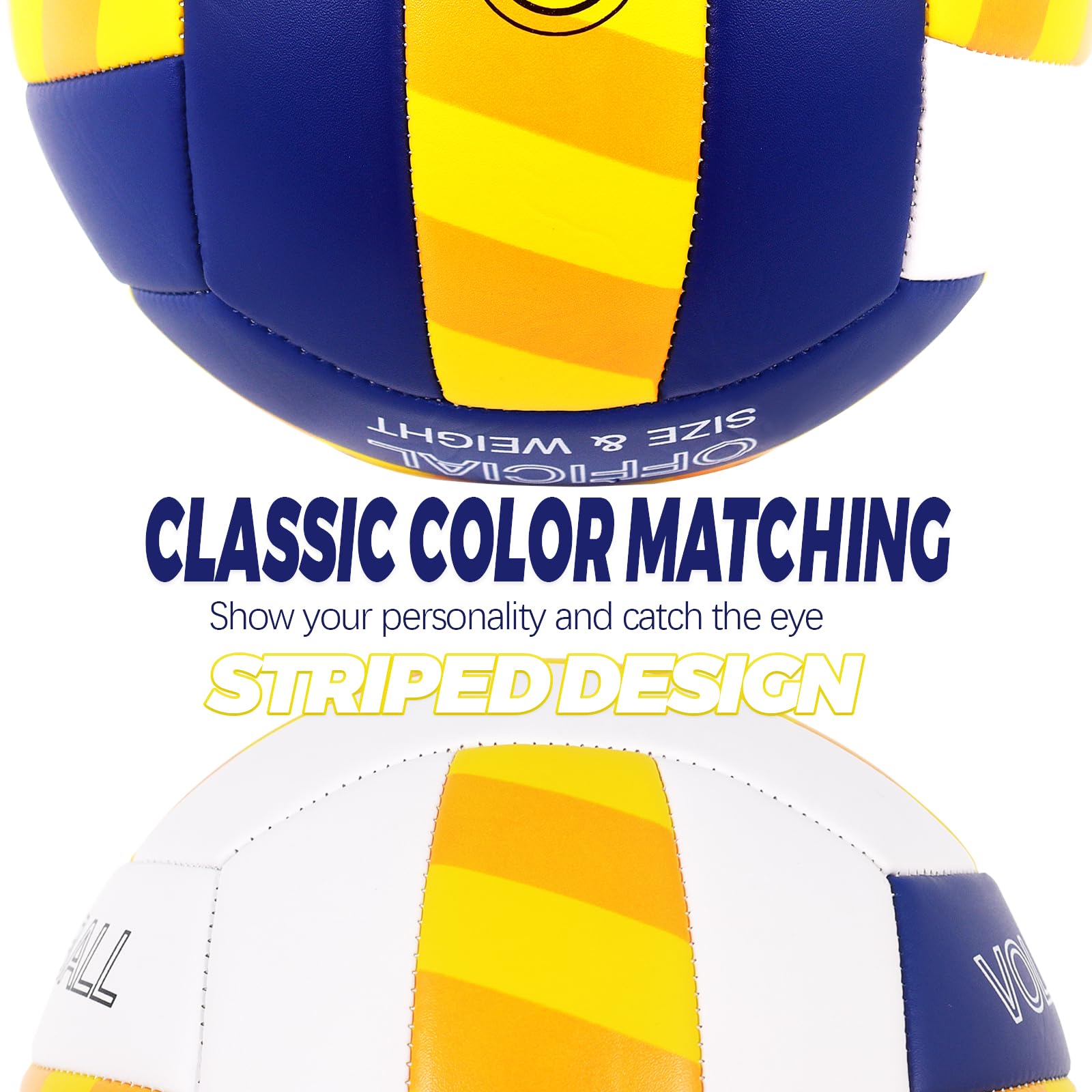 KUYOTQ Beachvolleyball - Strandvolleyball Offizielle Größe 5, mit Klassischen Streifen in Gelb, Blau & Weiß - Weiche 3mm Oberfläche für Indoor & Outdoor, Jugendliche und Erwachsene