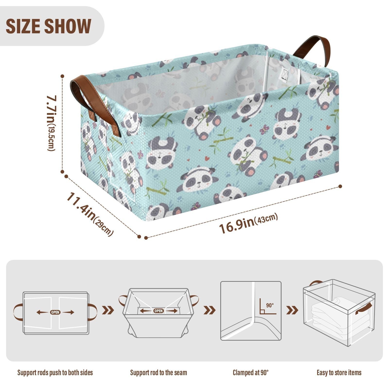Fygkptb Cute Panda Eating Leaves on Turquoise Seamless Pattern 1 PC Rectangle Foldable Frame Basket Leather Handles Storage Bin for Laundry Bathroom Organizer 16.9 x 11.4 x 7.7 inch