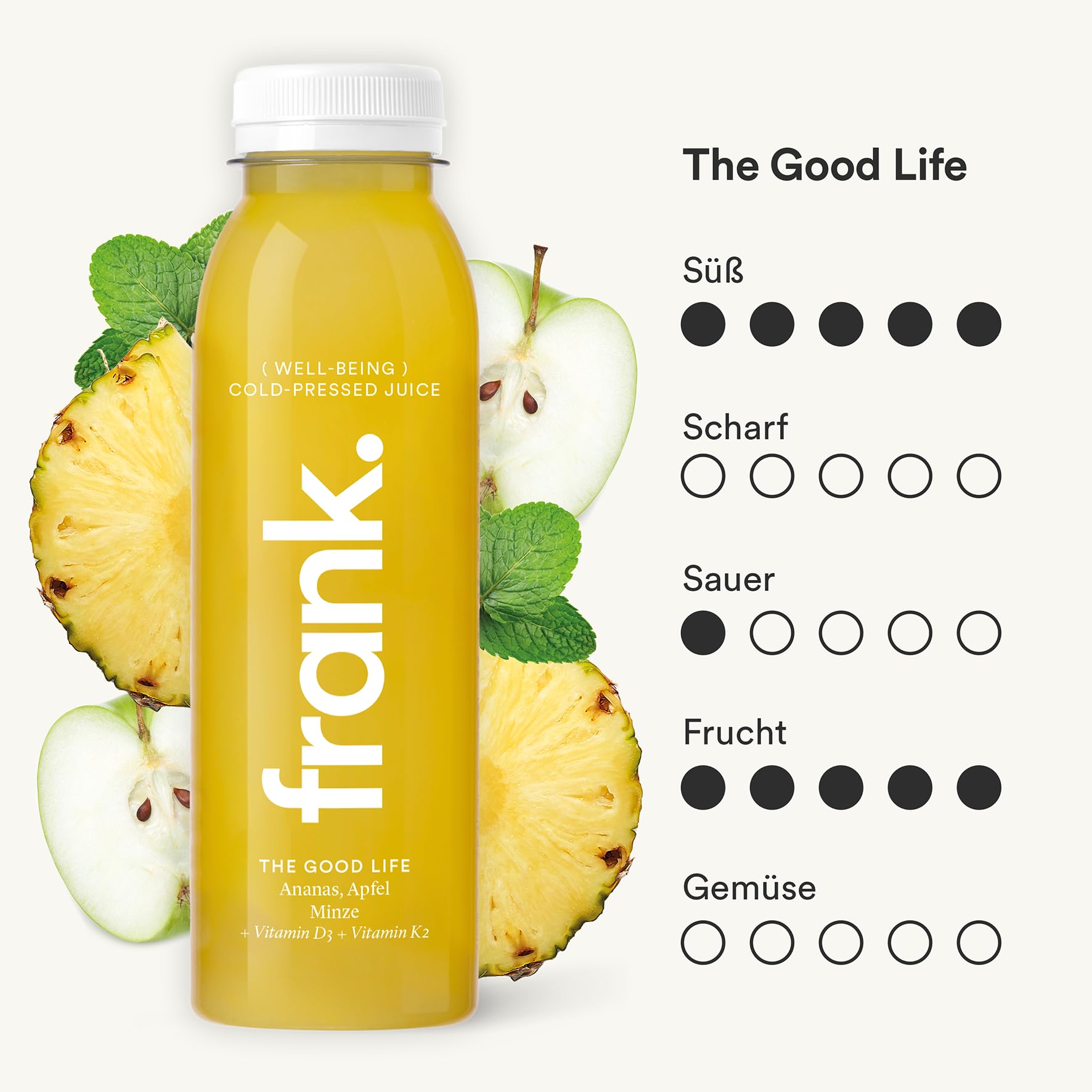 FRANK JUICE THE GOOD LIFE – kaltgepresster veganer Saft | 12 x 330 ml | Aus Fruchtsäfte & Gemüsesäfte mit Ananas, Apfel und Minze, inkl. EINWEG-PFAND 3€