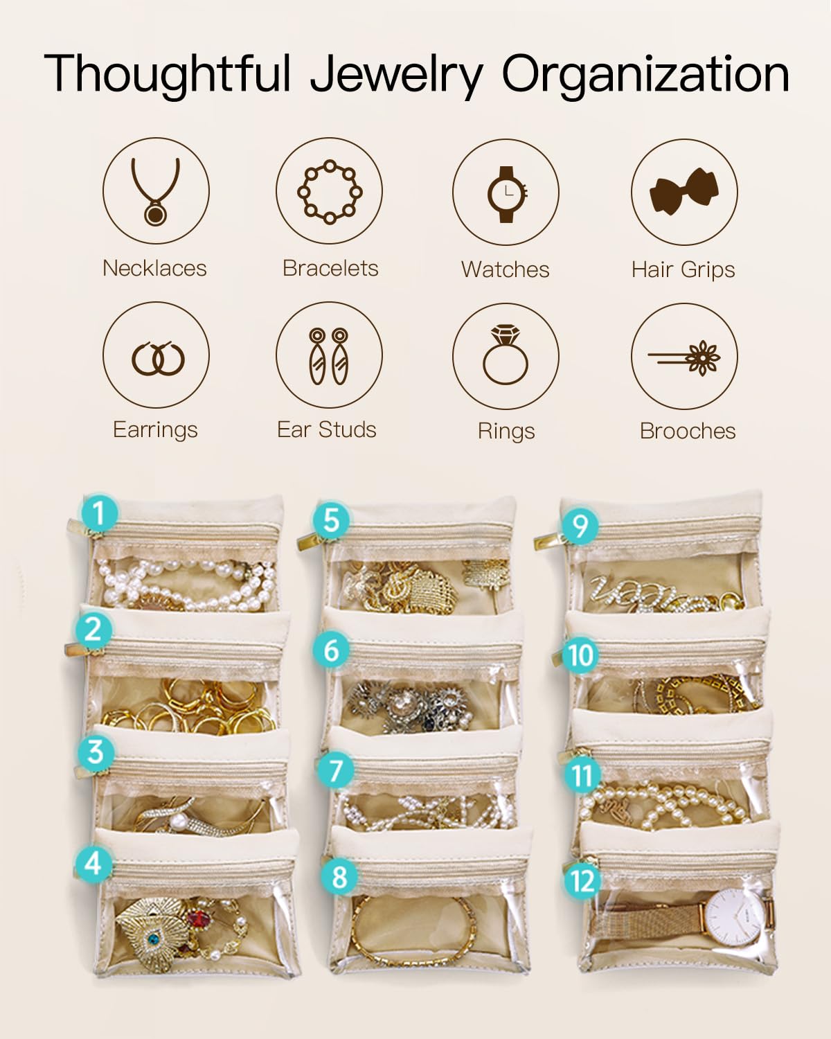 VLANDO Organizador de joyas de viaje de piel sintética con 12 bolsas de terciopelo para joyas, estuche para collares, anillos, regalos para mujer, color blanco-L