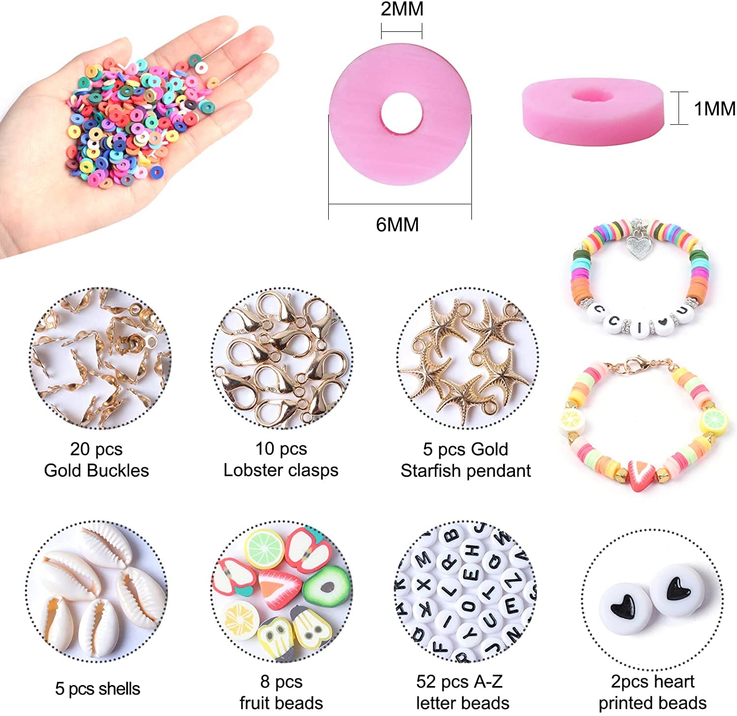 SONGIN 2500pcs Clay Beads for Bracelets Making, Polymer Clay Flat Round Spacer Beads Kits with Letter Fruit Beads Findings for Jewelry Making DIY Necklace Earring Making Supplies