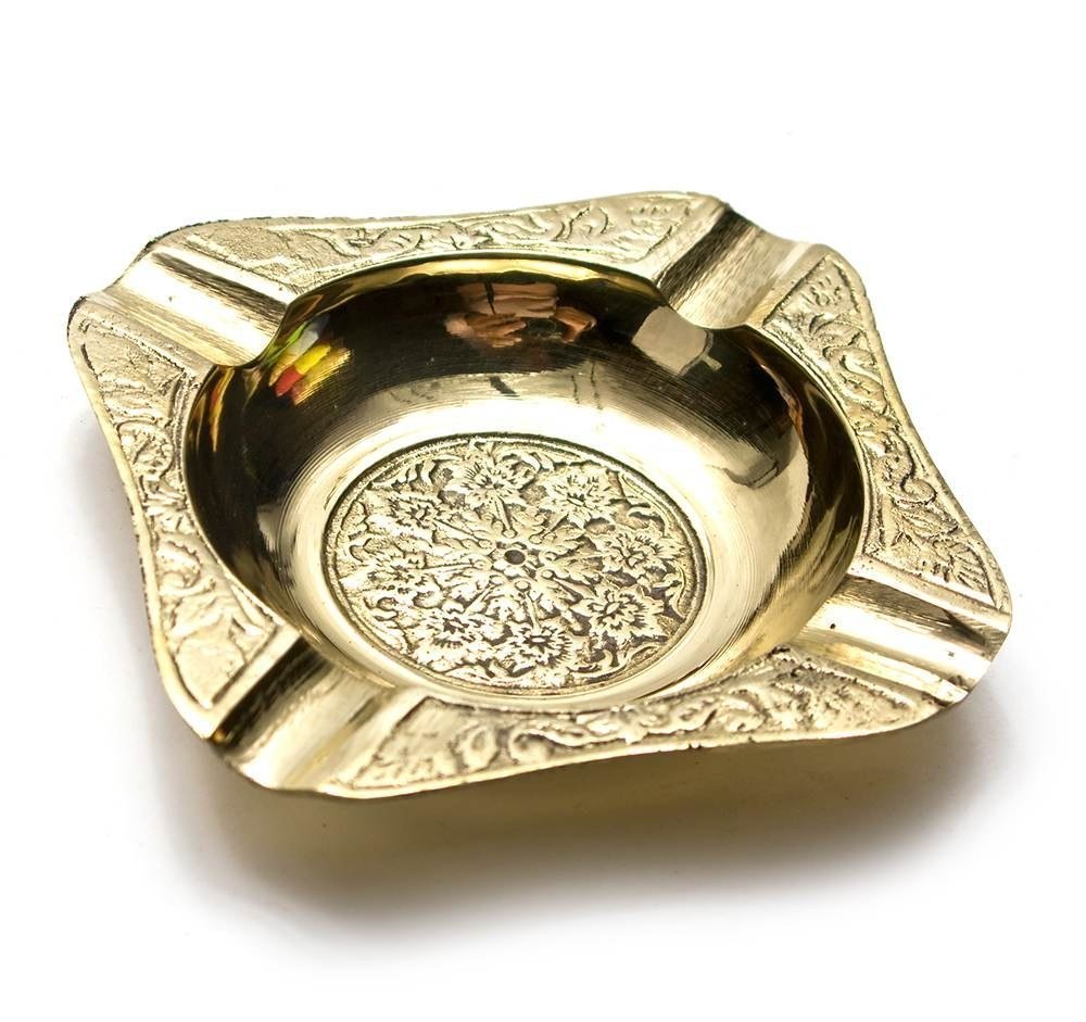 Zap Impex Brass Handicraft Decorative Embossed Ashtray- 4 Inches Square