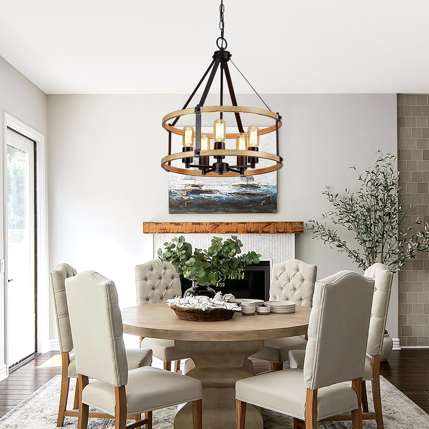 5-Light Farmhouse Chandelier, 17.7 Inch Rustic Black and Vintage Wood Finish Chandeliers for Dining Room Light Fixture, Adjustable Height Hanging Light for Kitchen Island, Entryway, Living Room