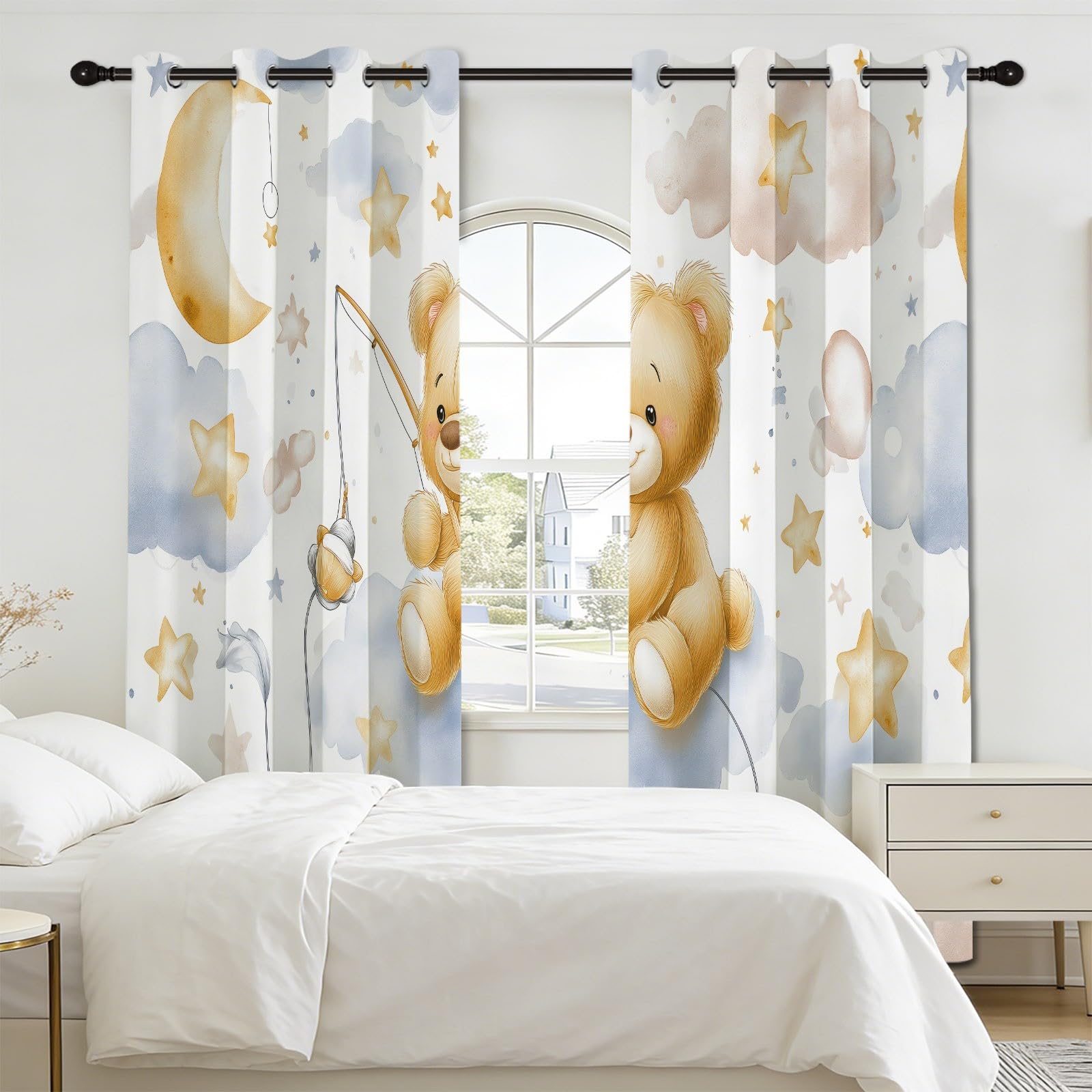 Cortinas opacas con ojales, dibujadas a mano, diseño de dibujos animados, juego de 2, altura 175 x ancho 140 cm, oso de peluche, nubes y estrellas, cortinas con ojales para salón y dormitorio