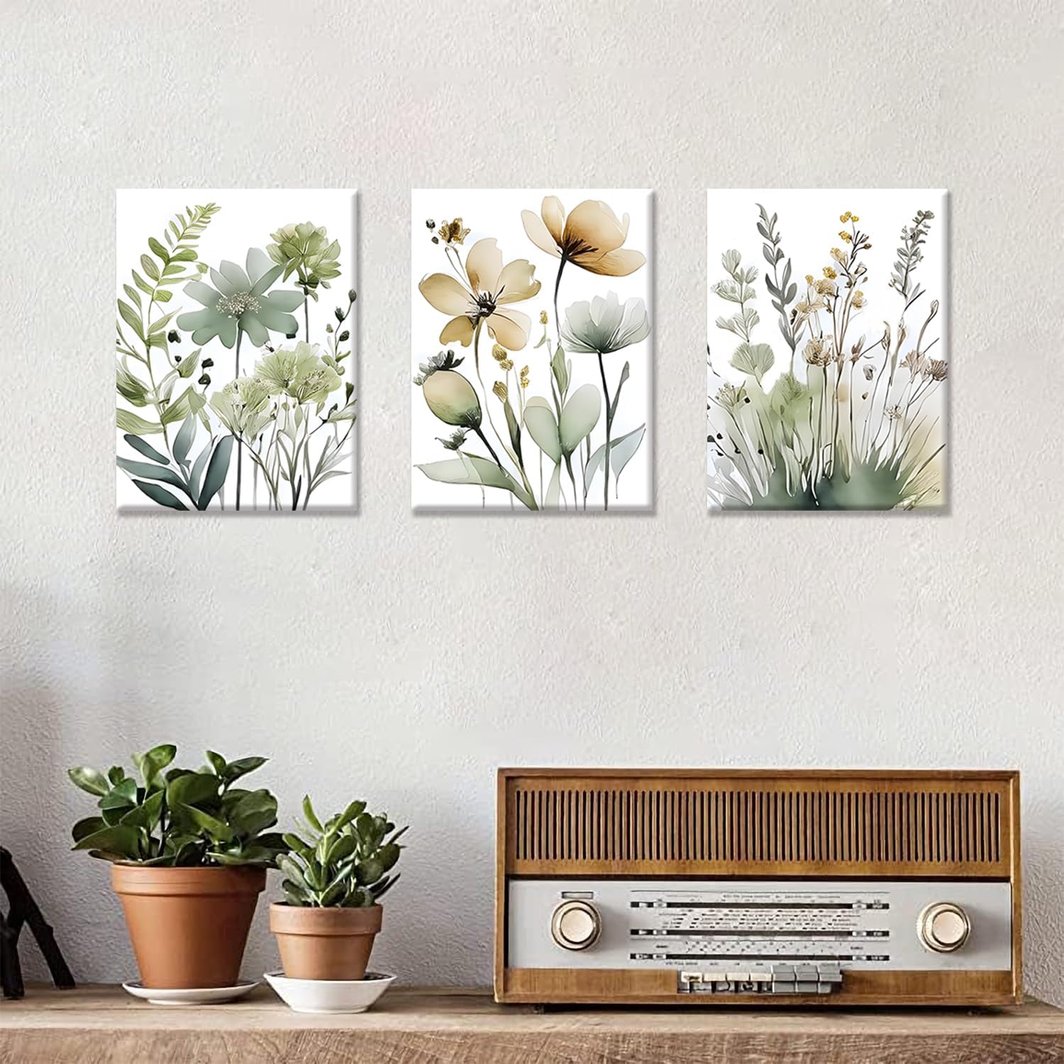 Framed Sage Green Botanical Canvas Wall Art Set of 3 Boho Floral Wall Decor Paintings Minimalist Flower Posters Prints Pictures for Bedroom Bathroom Living Room Home Decor 16x24 Inch
