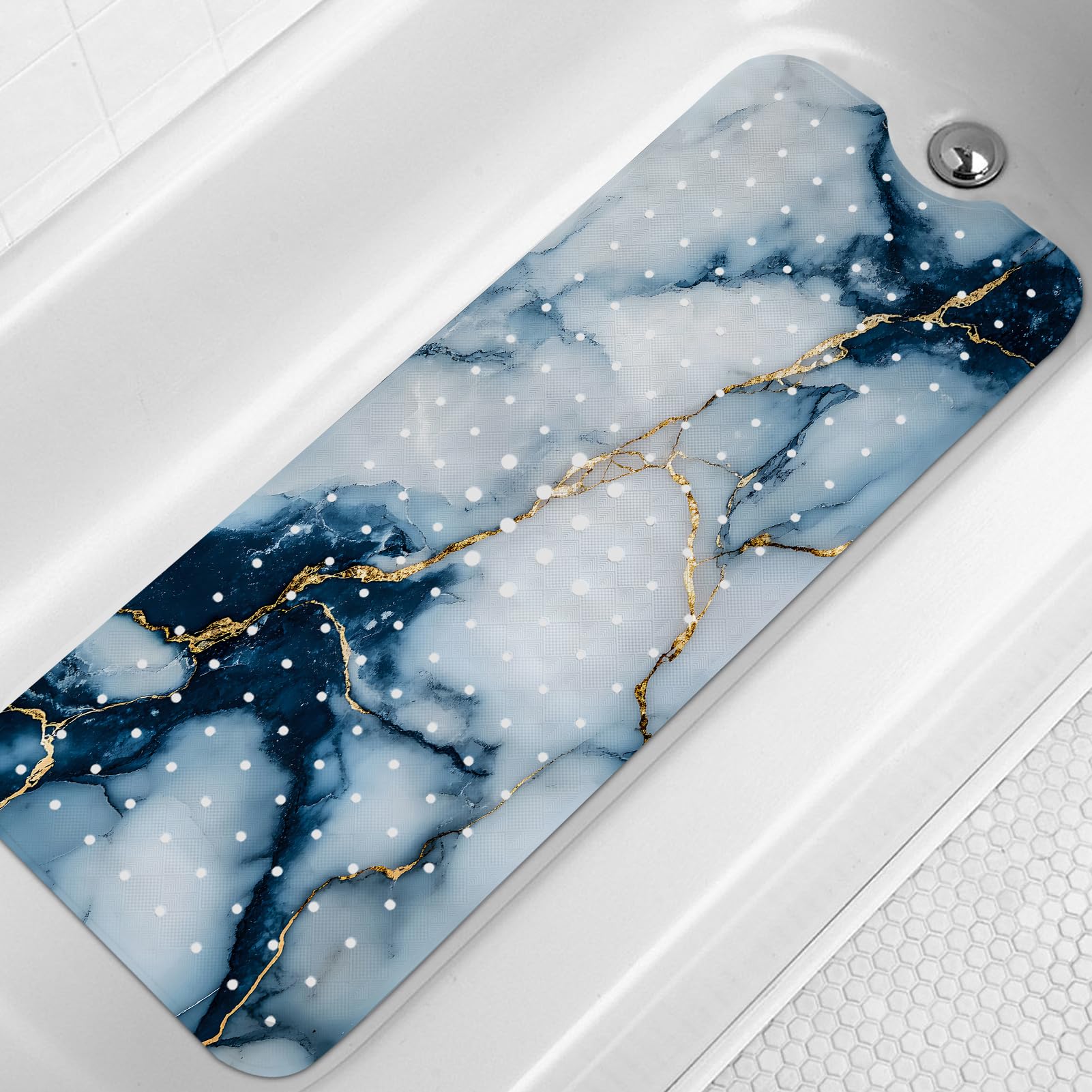 LNOND Marmor-Badewannenmatte, rutschfest, extra lang, 101,6 x 40,6 cm, rutschfeste Matte für Badewanne, marineblau, goldfarben, Marmor-Duschmatte mit Abflusslöchern und Saugnäpfen, maschinenwaschbar