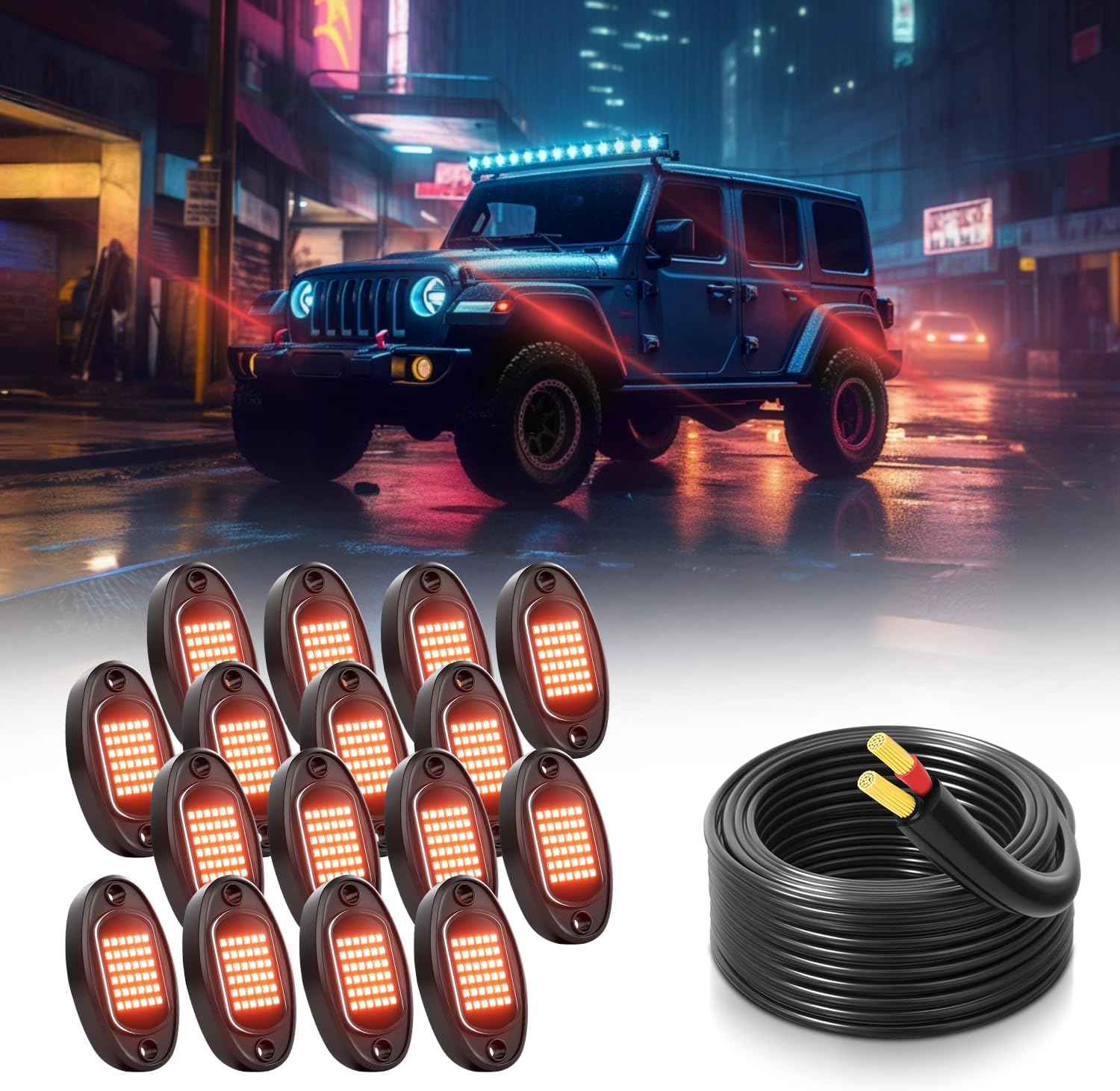 GSRECY Rock Lights Ultra Bright LED Neon Underglow Lights Waterproof for Trucks Pickup SUV UTV ATV RZR Car Boats Motorcycle (Red, 16 Pods+ 33ft Wire Harness)