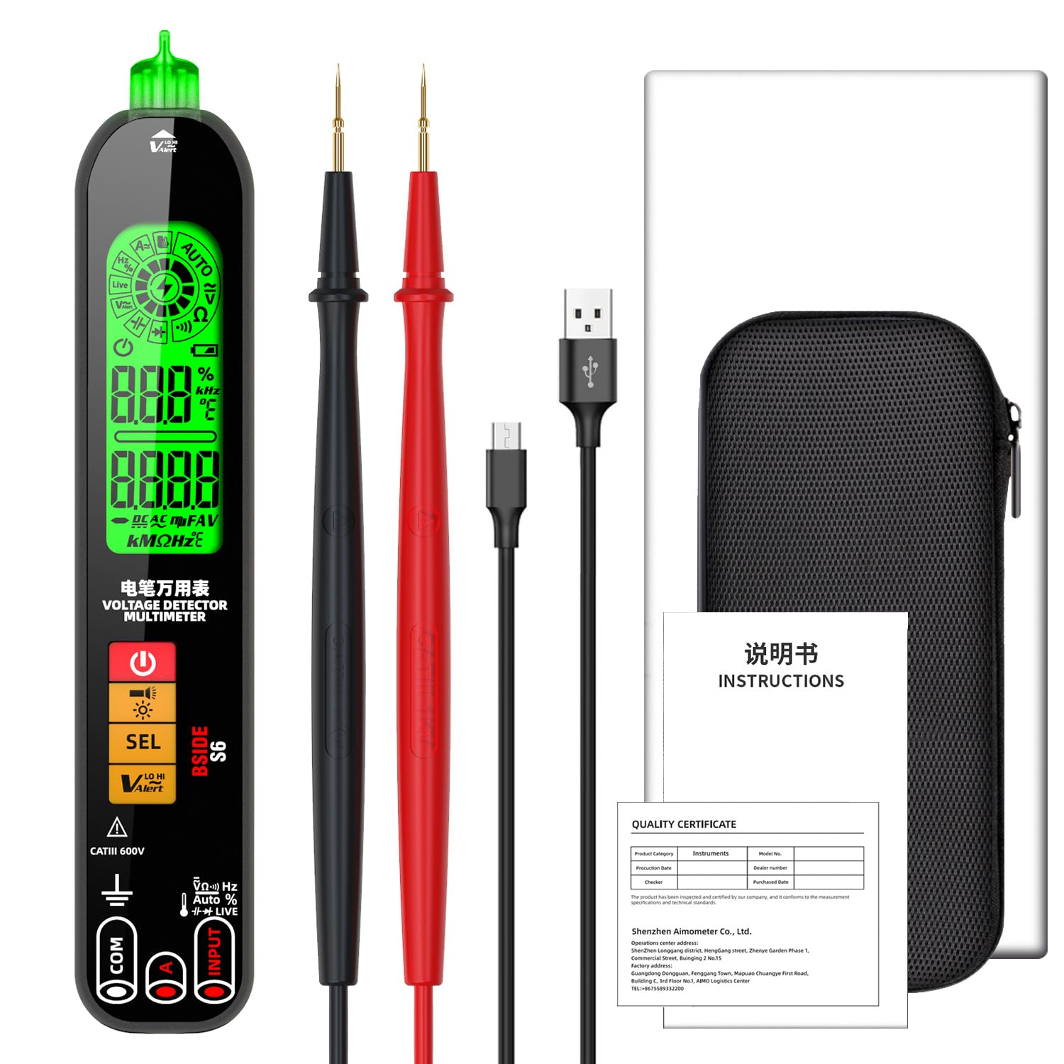 BSIDE S6 Tester e Rilevatori di Tensione Multimetro Digitale Intelligente a Penna con Triplo Display VFD Tester Corrente Elettrica Capacimetro Tester Ricaricabile di Continuità Ohm Hz Cavi elettrici