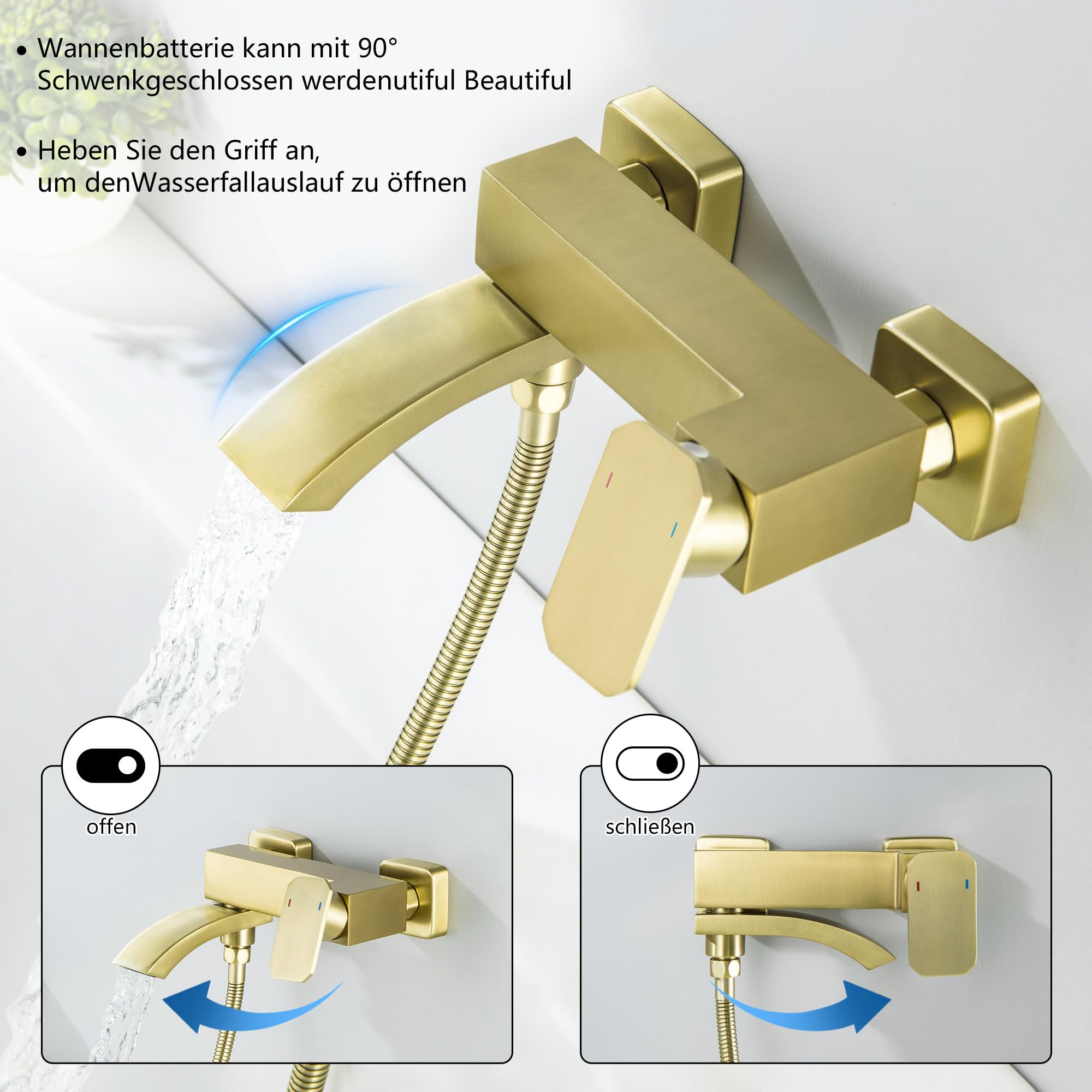 Rubinetto per vasca da bagno oro spazzolato con doccetta grande e beccuccio girevole 90° 3 funzioni