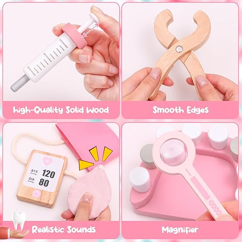 Miniatura 6 de Atoylink Kit médico para niños pequeños, juego de juguetes de simulación de dentista, 32 piezas de madera con disfraz y bolsa, dientes de simulación