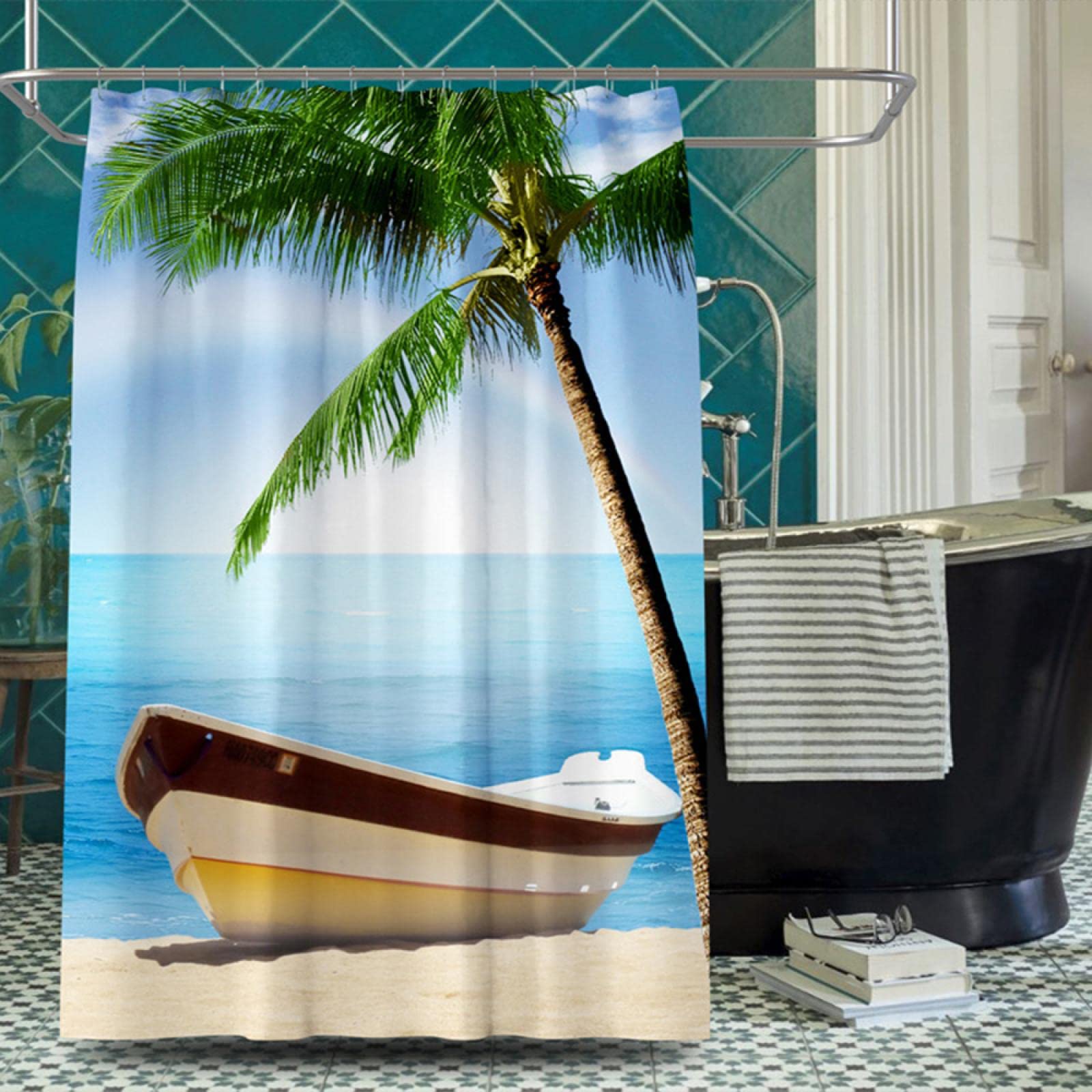 Rideau de bain étanche et lavable Coastal Beach noir anti-moisissure 125x200