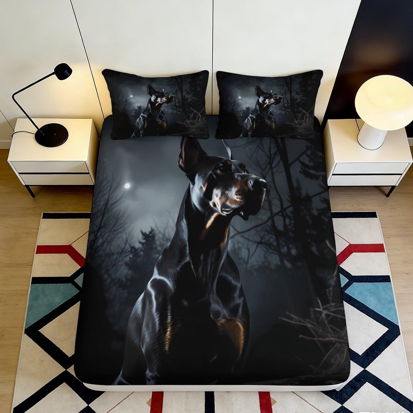 Pnayamiorkfel Style-7 3D Printed Dark Forest Doberman Fitted Sheet Microfiber Bedroom Decor Moon Night Bed Cover For Home Guest Room 90X200x25cm