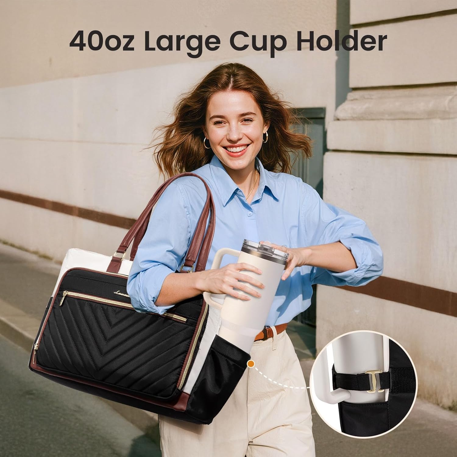 LOVEVOOK Teacher Tote Bag for Women, Work Laptop Bag Gift with Large Cup Holder, Quilted Nurse Bag Diaper Tote with Multi-Pockets, Large Computer Handbag Purse for Bussiness Travel, Office, College - Image 3