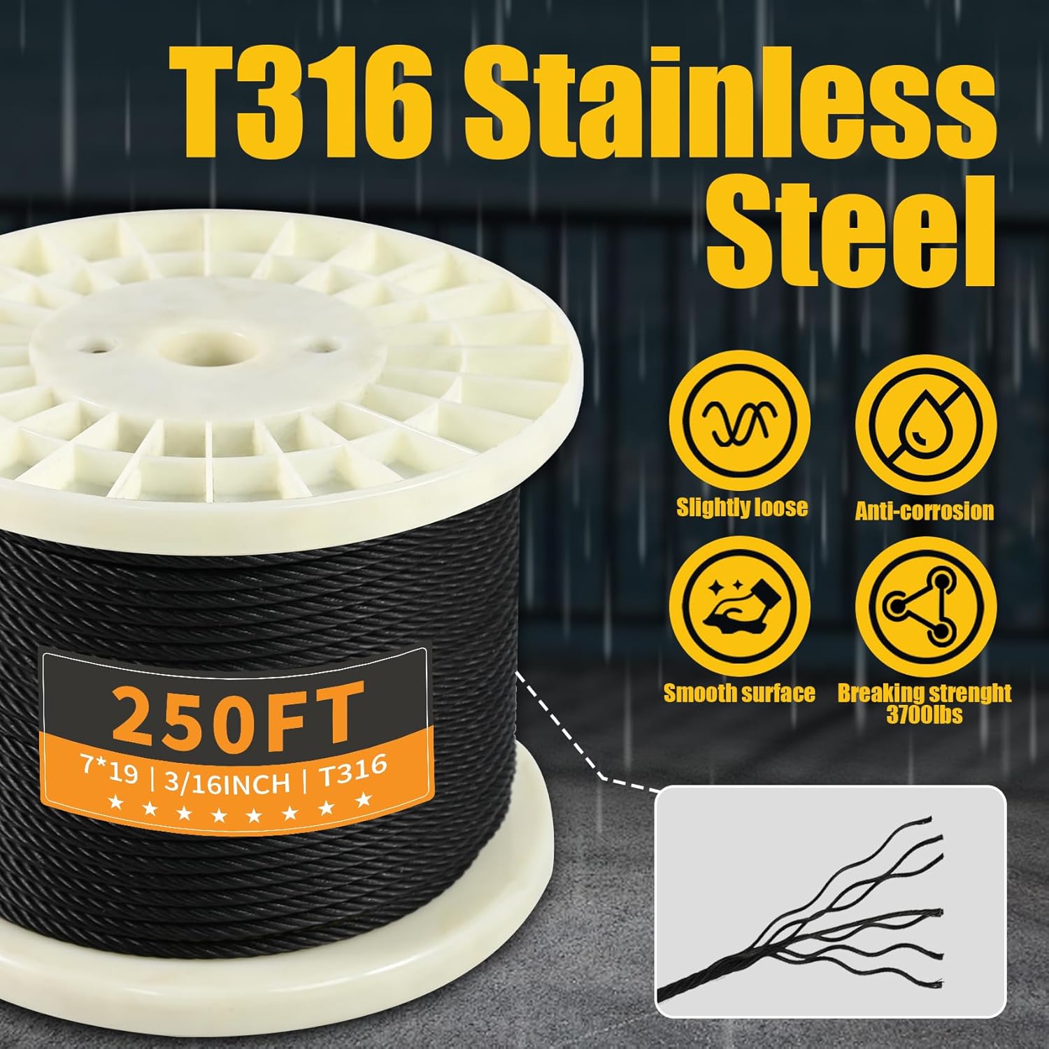 T316 Black 3/16“ Stainless Steel Cable, 250ft Wire Rope 7x19 Strands Aircraft Cable 3700lbs Breaking Strength, Wire Cable Rop for Deck Railing, String Lights, Fence, Clothesline &Yard Zipline
