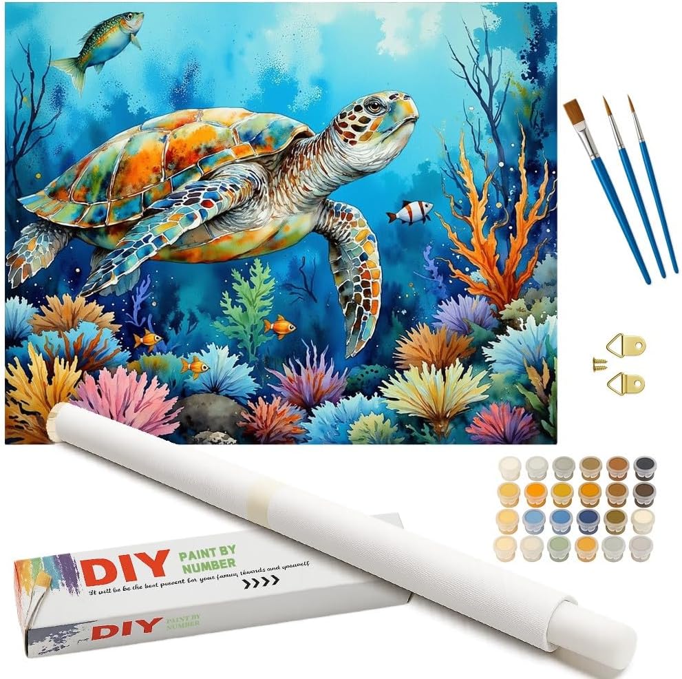 Ocean Turtle Paint by Numbers Kit for Adults - DIY Sea Turtle and Coral Reef Painting on Rolled Canvas 16x20 Inch, Acrylic Paint Set, Suitable for Beginners, Art for Home Decoration or Gifts