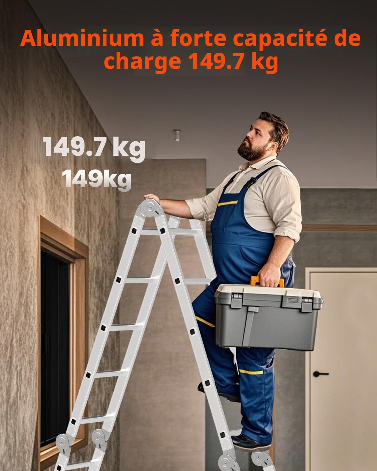 VEVOR Échelle Pliante Polyvalente 7 en 1 Escabeau Télescopique Réglable avec Barre Équilibre, Hauteur de Portée 4,6 m, Charge 150 kg, Échelle Multifonction Cadre A 4 Marches, pour Extérieur Intérieur