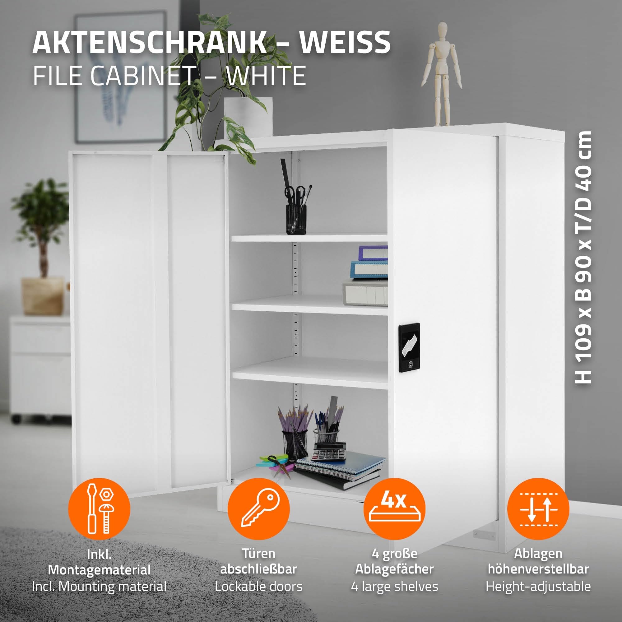 ML-Design Archivador de Oficina 90x40x109cm Acero Blanco Armario Independiente Auxiliar Metálica con 2 Puertas y 3 Estantes Regulables en Altura Mueble para Almacenamiento Documentos
