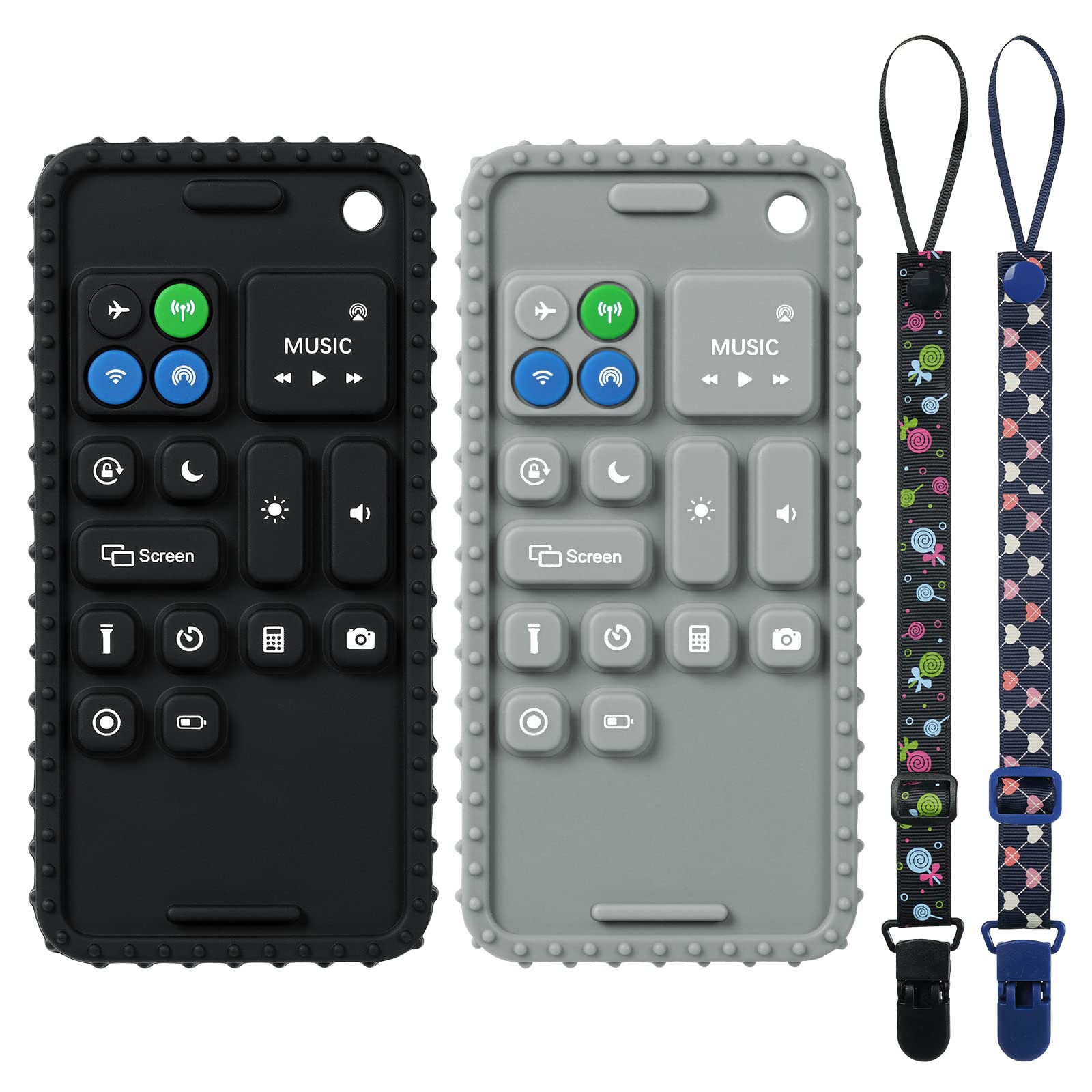 Aolso Silicone Teething Toys, Cell Phone Teether With 2PCS Pacifier Clip for 0-12 Months, BPA Free/Freezable/Dishwasher Safe (Black & Gray)