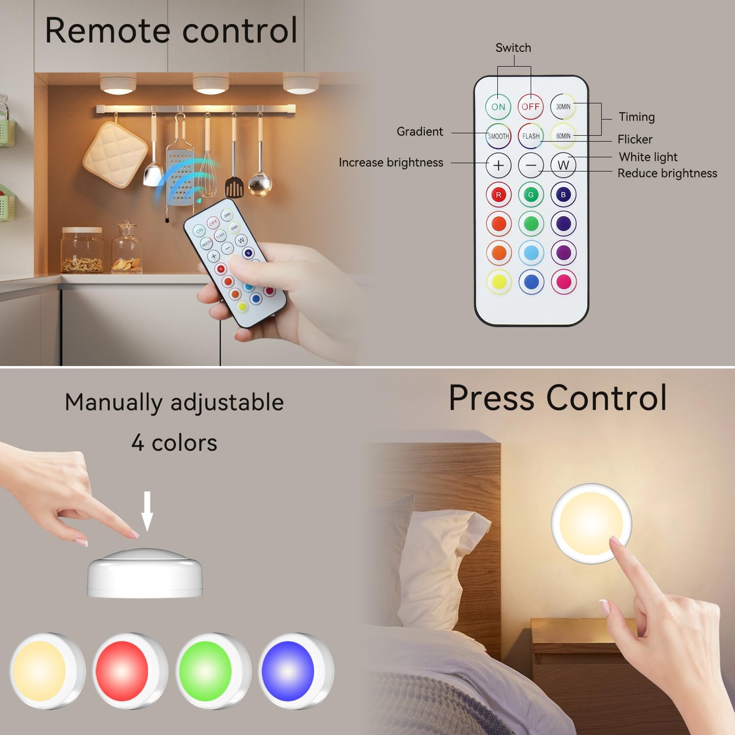 LED Puck Lights with Remote Control, 13-Color Under Cabinet Lighting Wireless, Battery Operated Stick-On Lights, Dimmable Push Light for Closet/Shelf/Wall (6 Pack) thumbnail