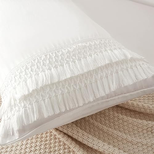 Vista 8 de Juego de 2 fundas de almohada con borlas, color gris crema, 100% microfibra lavada, funda de almohada con borlas hechas a mano beige, paquete de 2