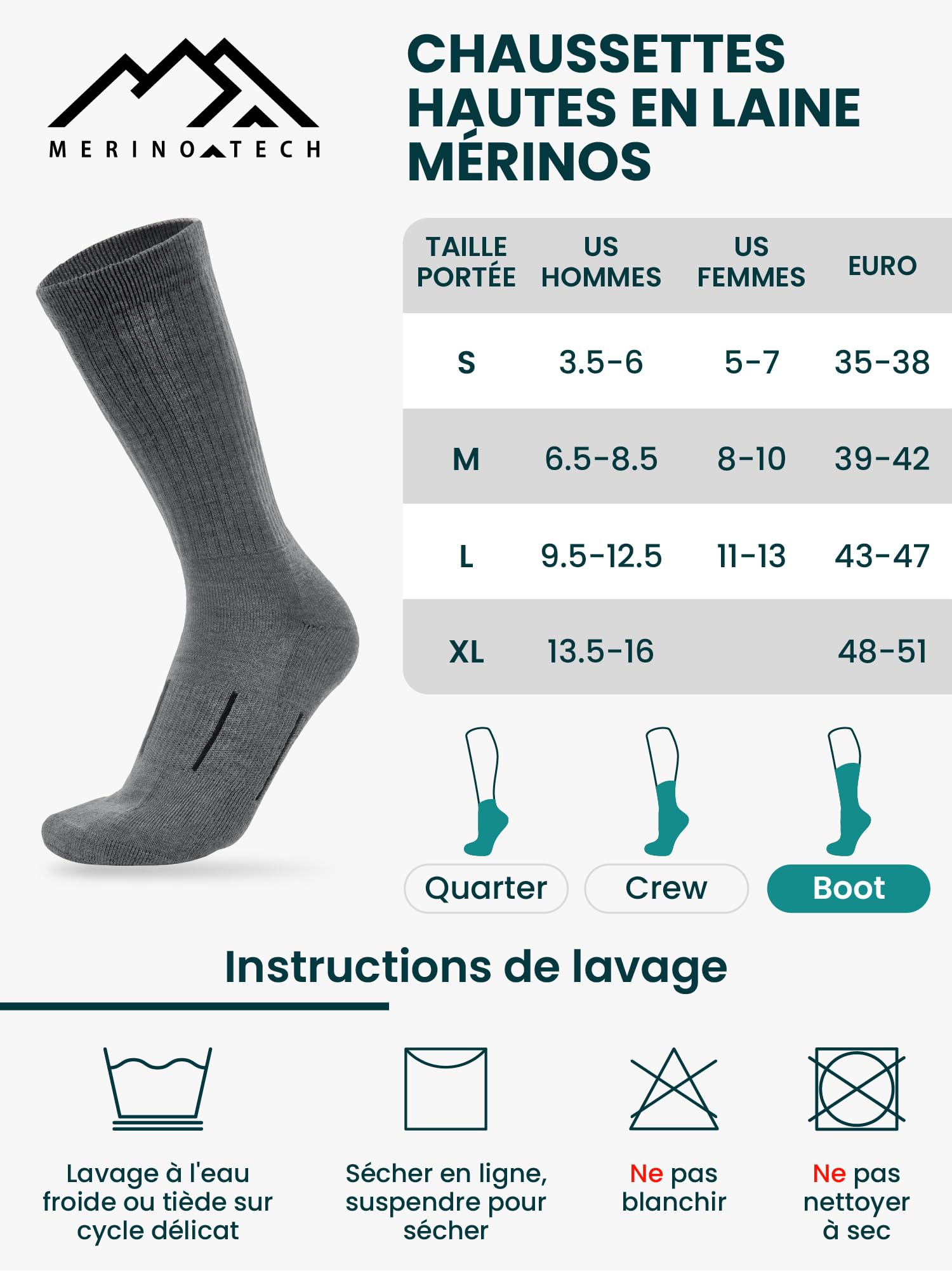 Merino.tech Chaussette Laine Merinos Randonnée Style D'équipage