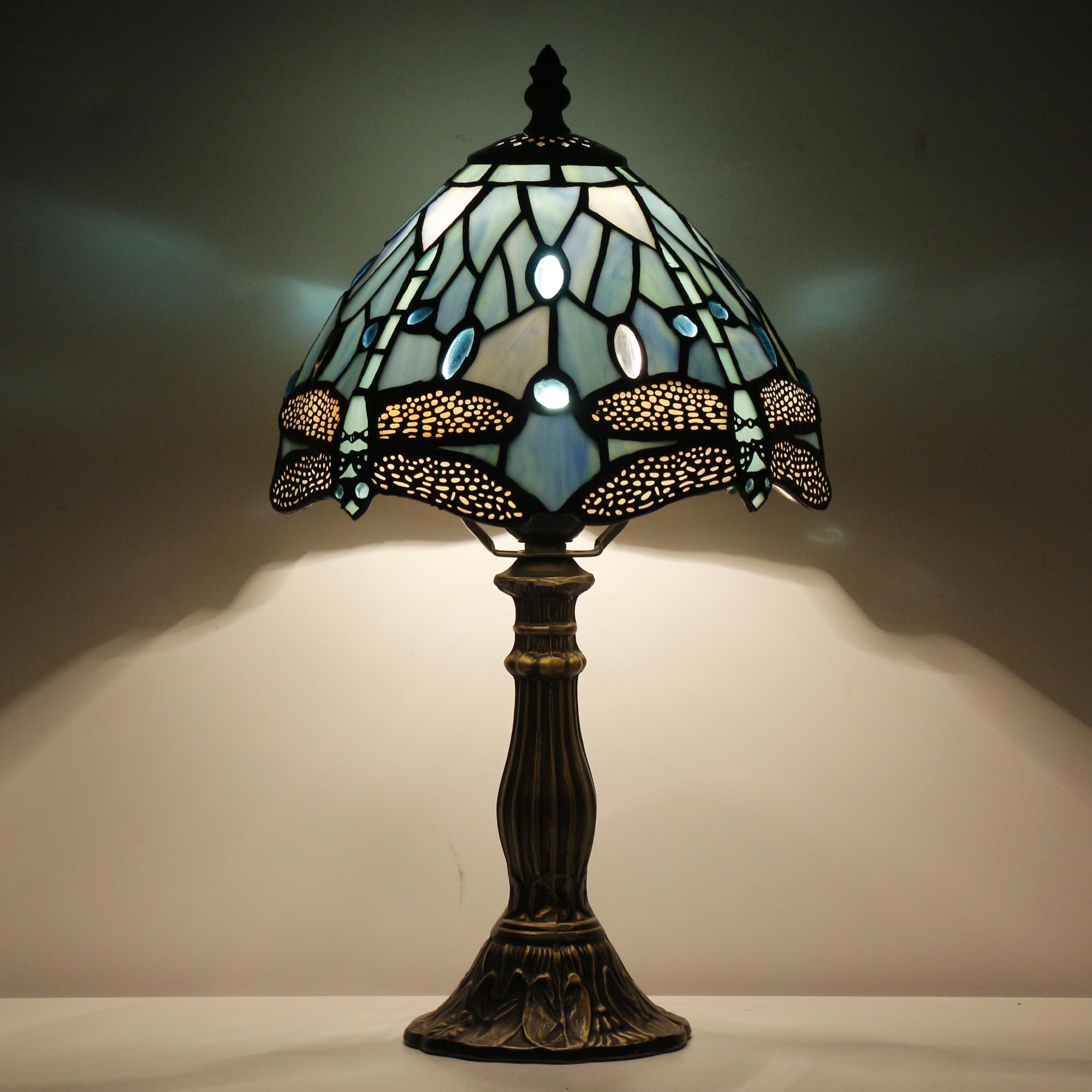 SYETL Small Tiffany Lamp Stained Glass Desk Lamp Vintage Tiffany Bedside Table Lamp for Home Living Room Bedroom Nightstand 8X15 Inch (Blue Dragonfly Style)