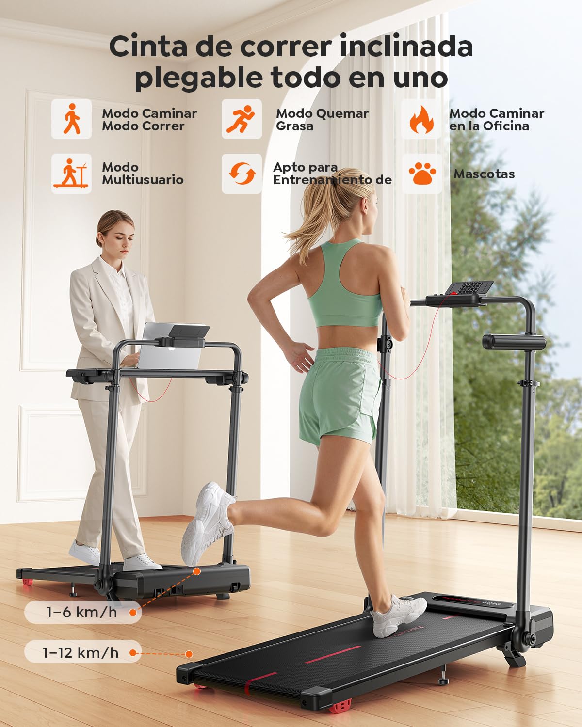 Cinta de Correr Hometro 3.0 CV Plegable con Inclinación 7%, 12 km/h, Pantalla Dual y Pasamanos Ajustables para Escritorio