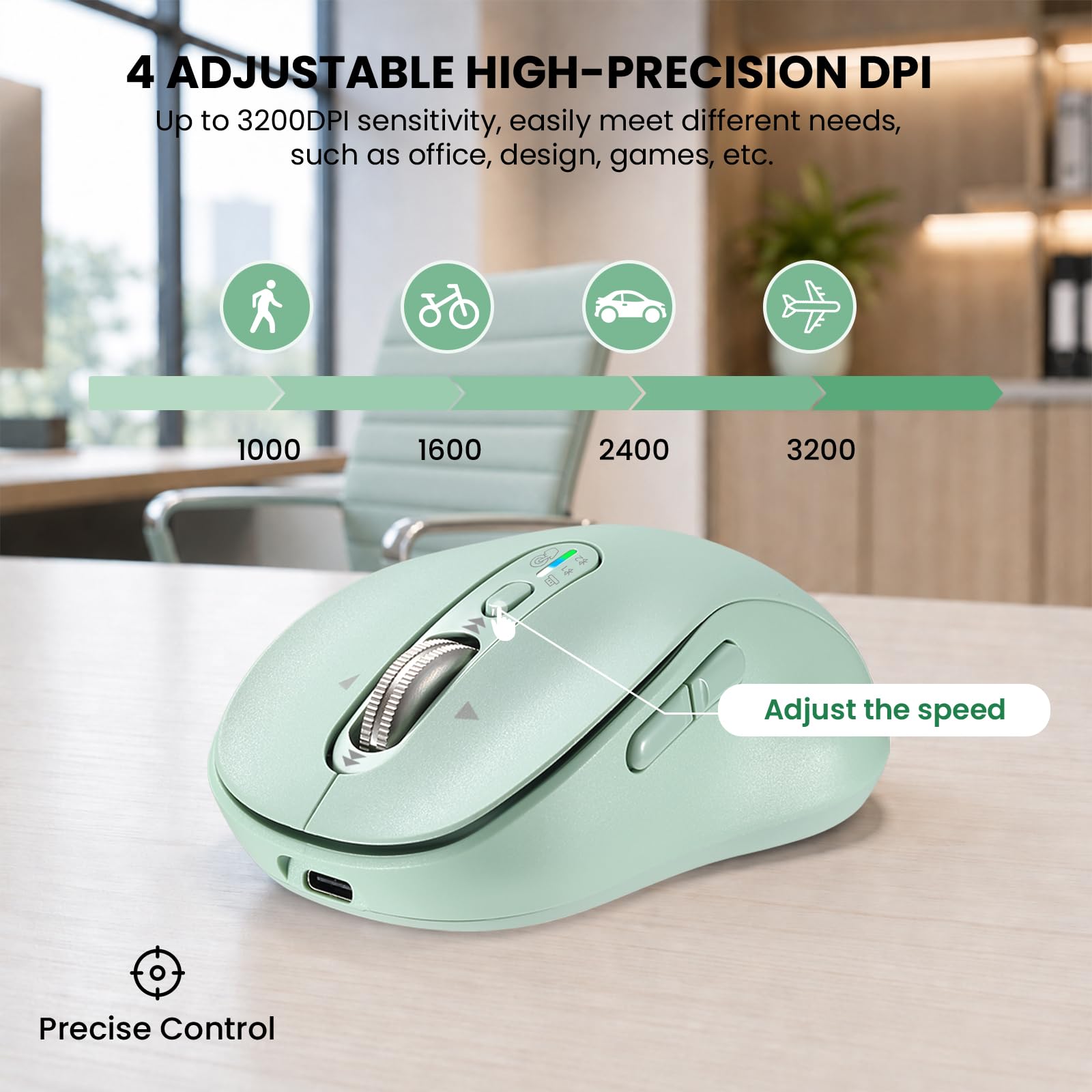 INFINMIND Mouse wireless Bluetooth per laptop, USB+BT × 2, silenzioso, mouse per computer Ergo, in metallo a 4 vie, ± 3200 DPI, ricaricabile, 9 pulsanti, mouse cordless multi dispositivo per iPad