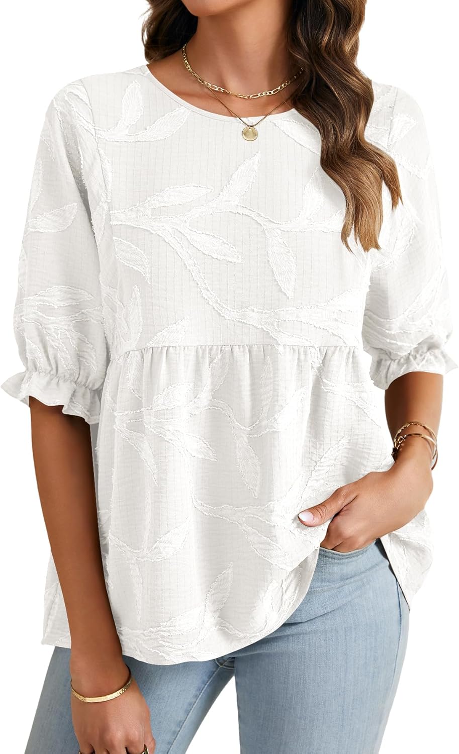 LYANER Women's Floral Textured Crewneck Peplum Ruched Puff Half Sleeve Casual Blouse Tops