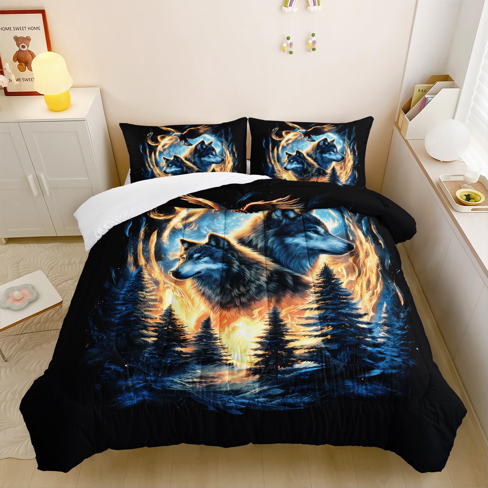 Moon Wolf Comforter Set Queen for Teen Boys Girls,Howling Wolves Comforter Forest Eagle Bed Set,Wild Animals Bedding Set for Kids Bedroom Decor,All Seasons